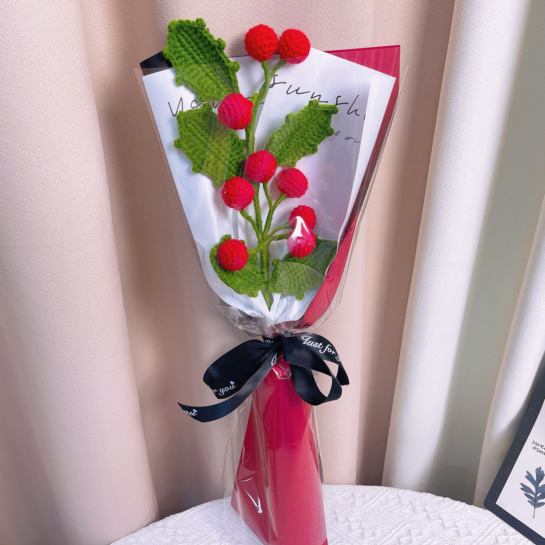 December Birth Month Holly Flower Bouquet - Hand-Crocheted Birthday Christmas Flower Arrangement with Festive Wrapping