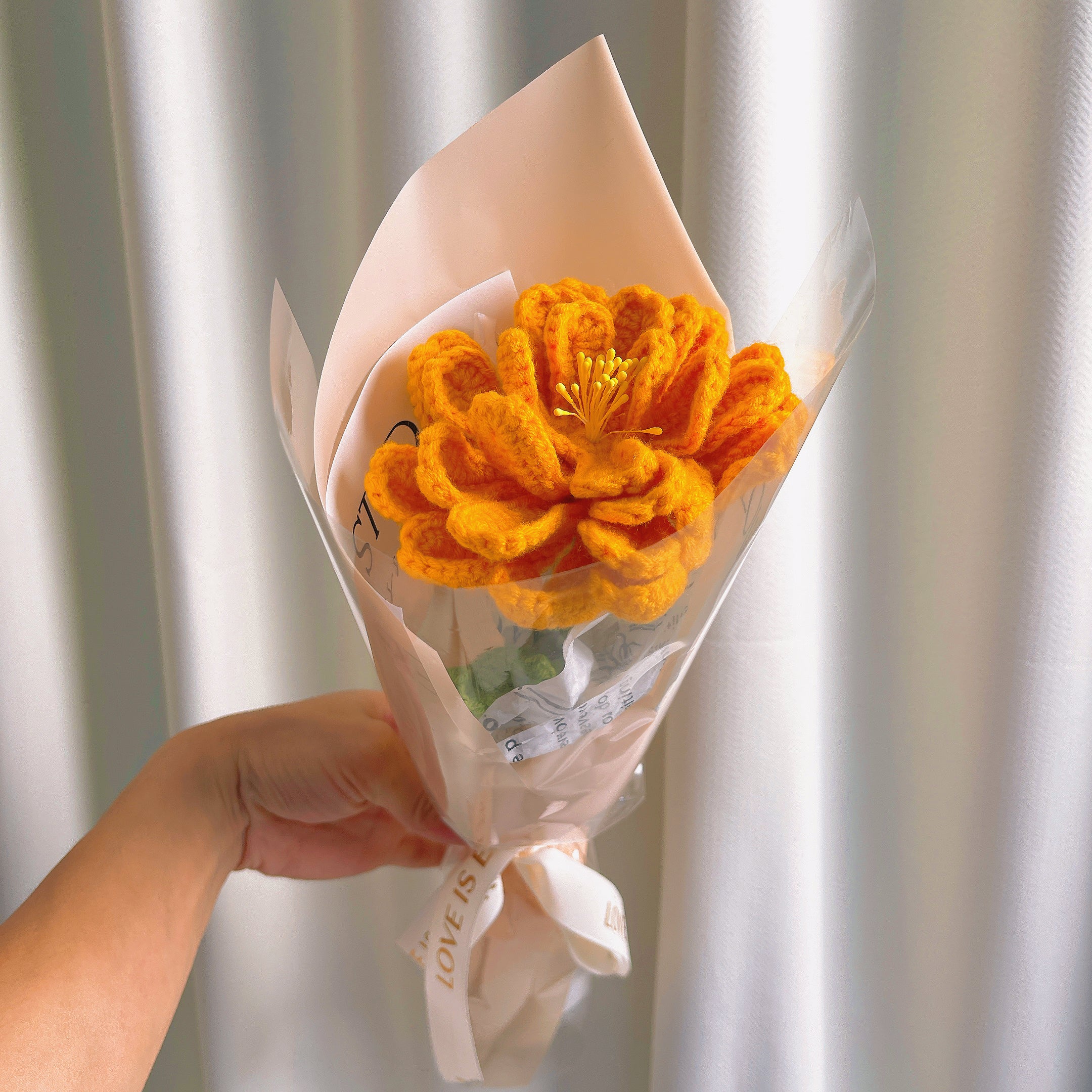 October Birth Month Marigold Bouquet - Hand-Crocheted Single Stem Birthday Flower Arrangement with Festive Wrapping