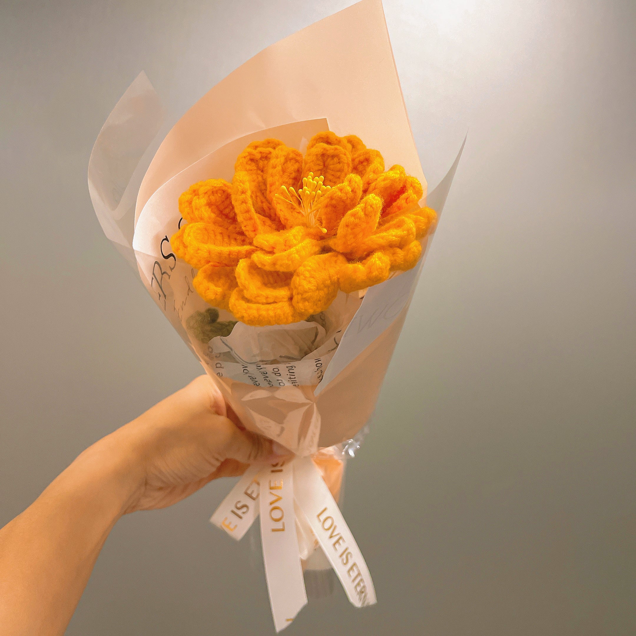 October Birth Month Marigold Bouquet - Hand-Crocheted Single Stem Birthday Flower Arrangement with Festive Wrapping