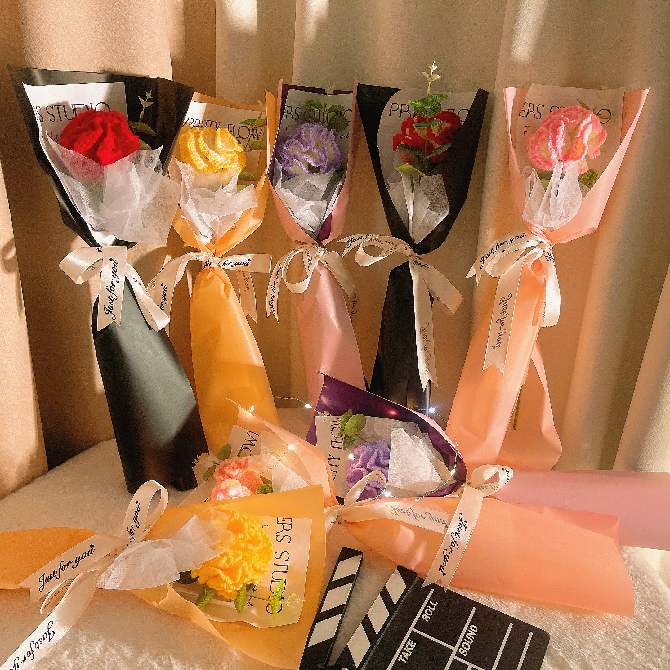 January Birth Month Carnation Bouquet - Birthday Flower Celebration Hand-Crocheted Single Stem Bouquet
