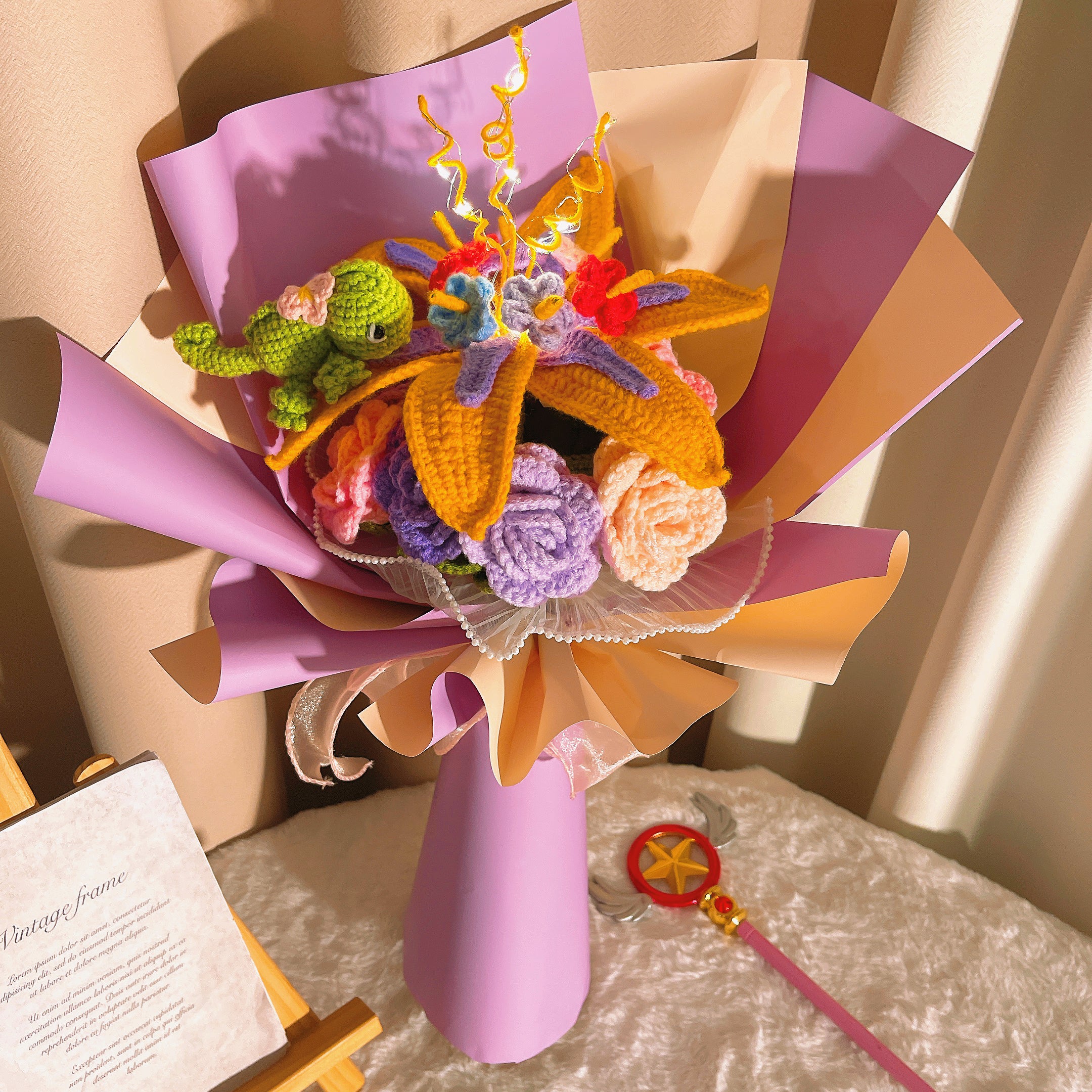 Crochet Sundrop Chameleon Flower Stake Bouquet