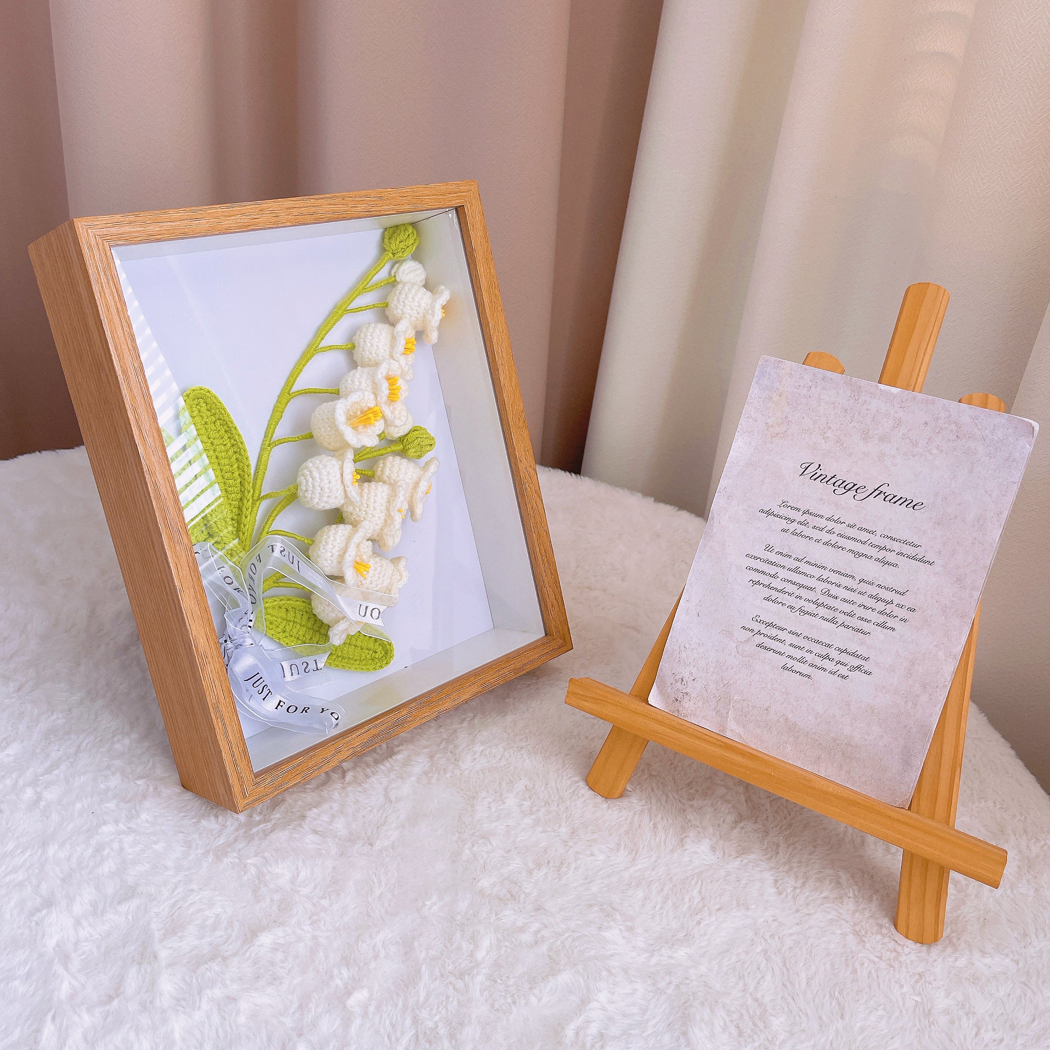 Handmade Lily of the Valley Crochet in Photo Frame - Wooden Wall Decor, Tabletop Display, Unique Wedding Gift, Anniversary, Mother's Day