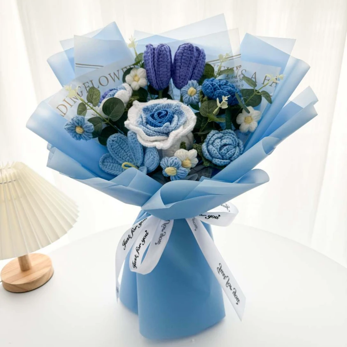 Blue Hues Handcrafted Crochet Flower Bouquet - Roses Tulips for Home Décor Father’s Day Graduation Get Well Friendship Hay-fever Festive Visit