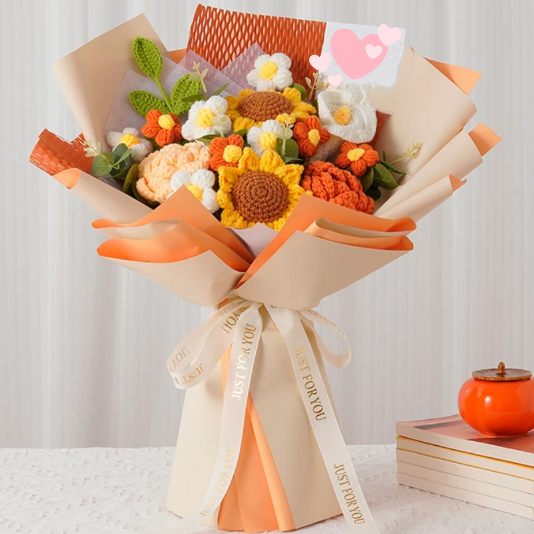 Handmade Crochet Yellow & Orange Toned Flower Bouquet - Sunflowers Roses Puffs Calla Lilies - Perfect for Summer, Sunflower Lovers, & Bright Occasions