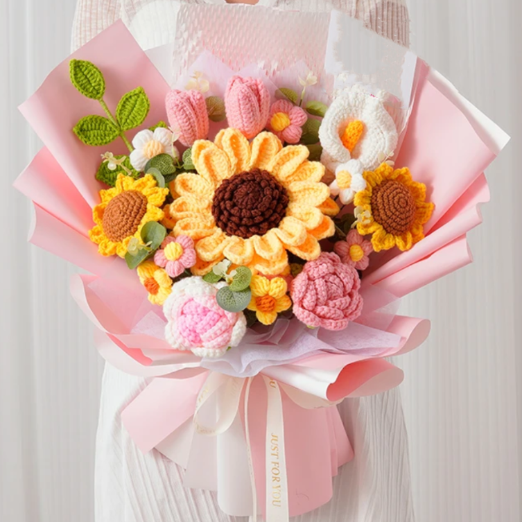 Crochet Pink & Yellow Toned Flower Bouquet - Sunflowers Roses Puffs Calla Lilies - Ideal for Spring, Mothers' Day, & Feminine Occasions