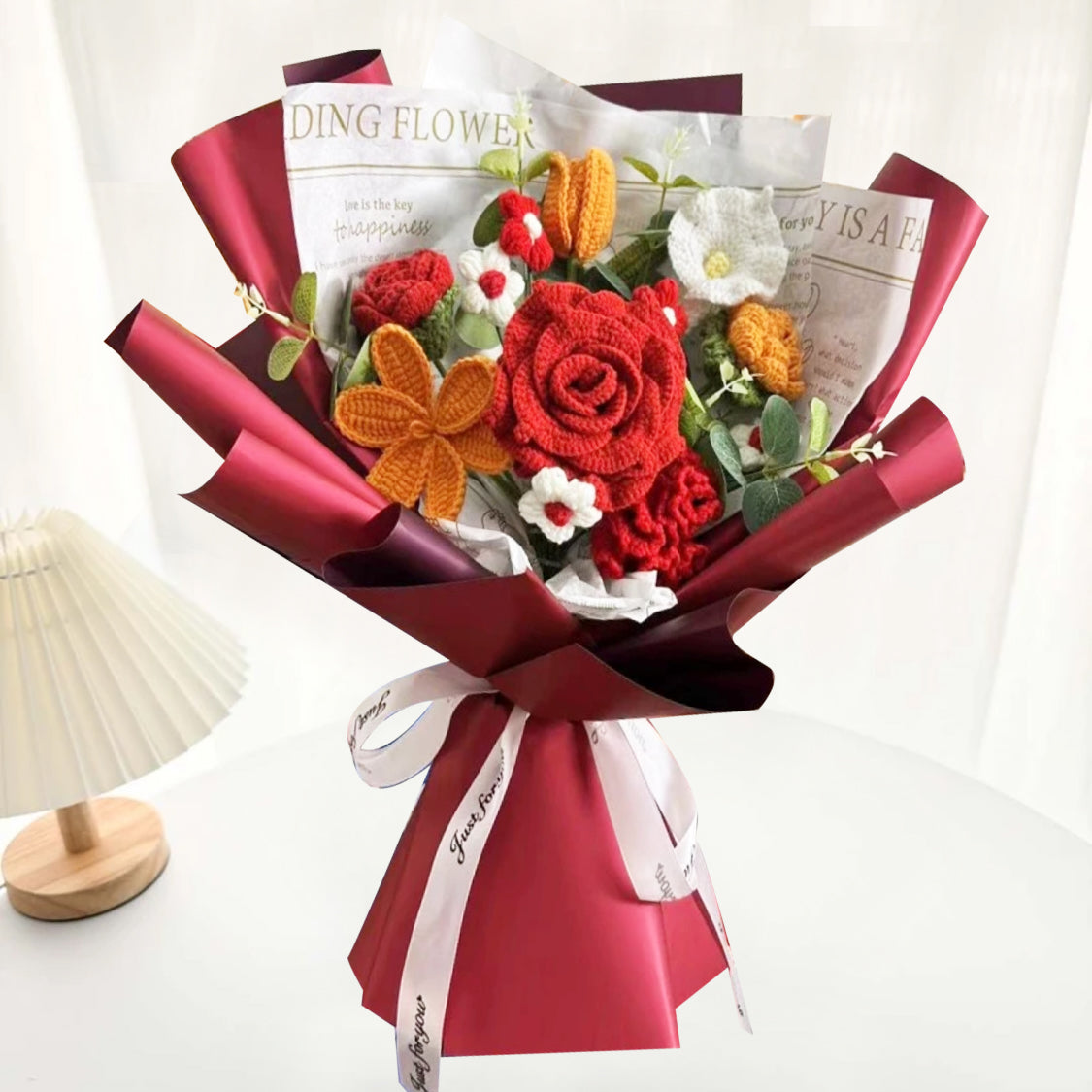 Red & Orange-Toned Handcrafted Crochet Flower Bouquet - Large Red Roses Orange Tulips Mini Roses Puffs Carnations - Valentine's Day, Mother's Day, & Special Occasions