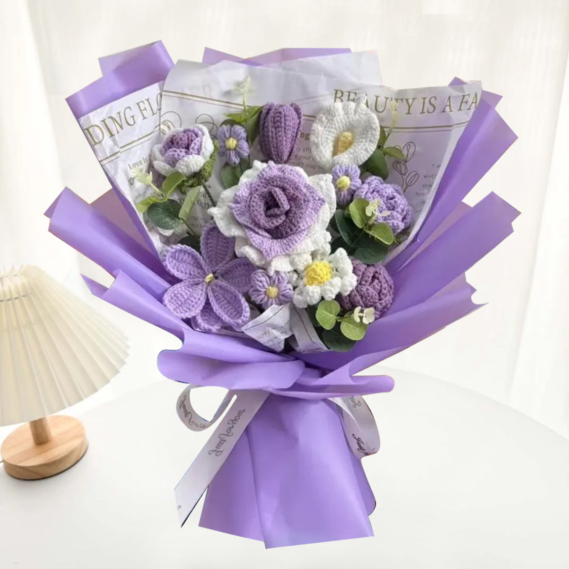 Purple-Toned Handcrafted Crochet Flower Bouquet - Gradient Roses, Tulips, Mini Roses for Weddings, Anniversaries, Romantic Occasions