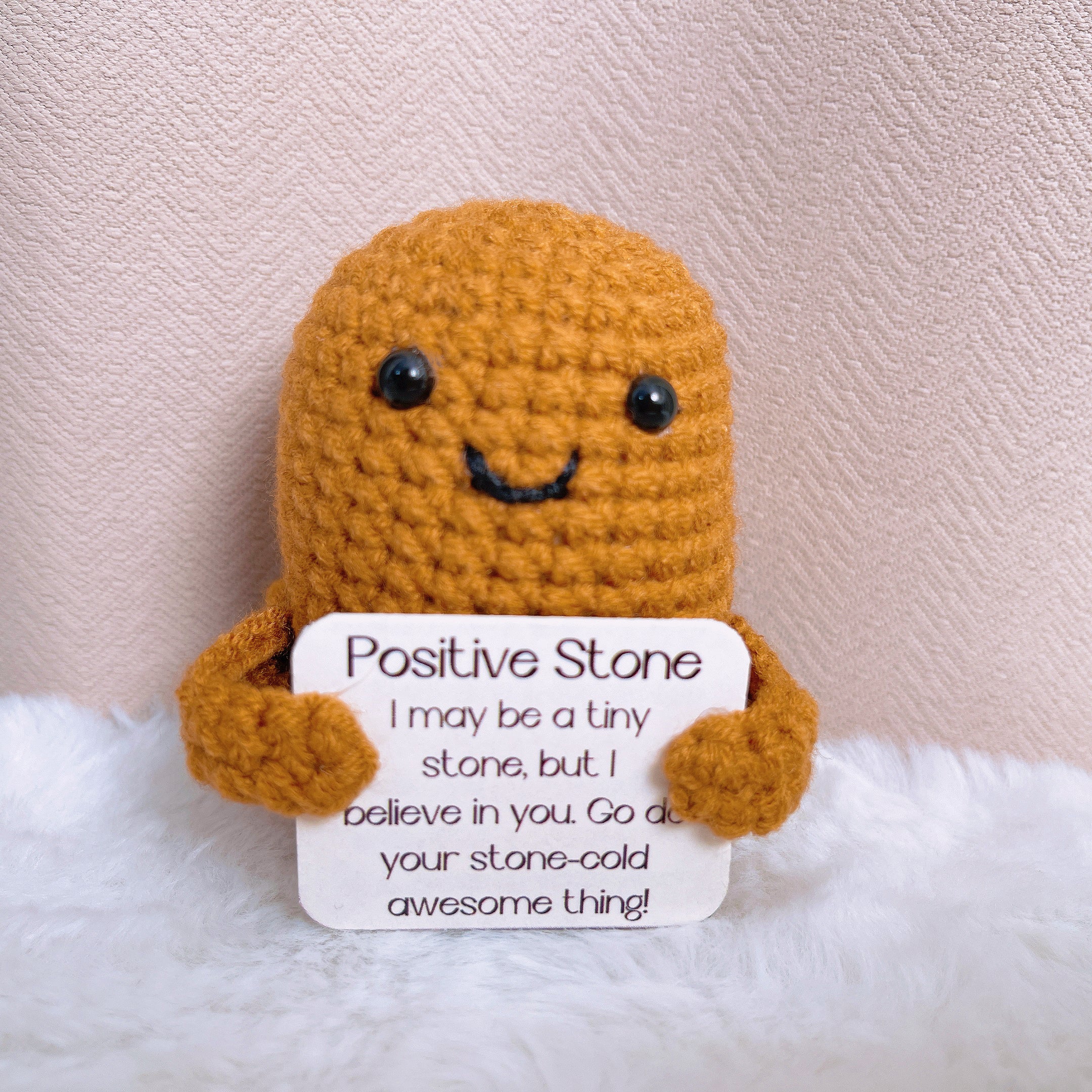 Custom Text Positive Zen Stone with Knitted Flowers Pot Handmade Crochet Potato New Year Resolution Stay Strong