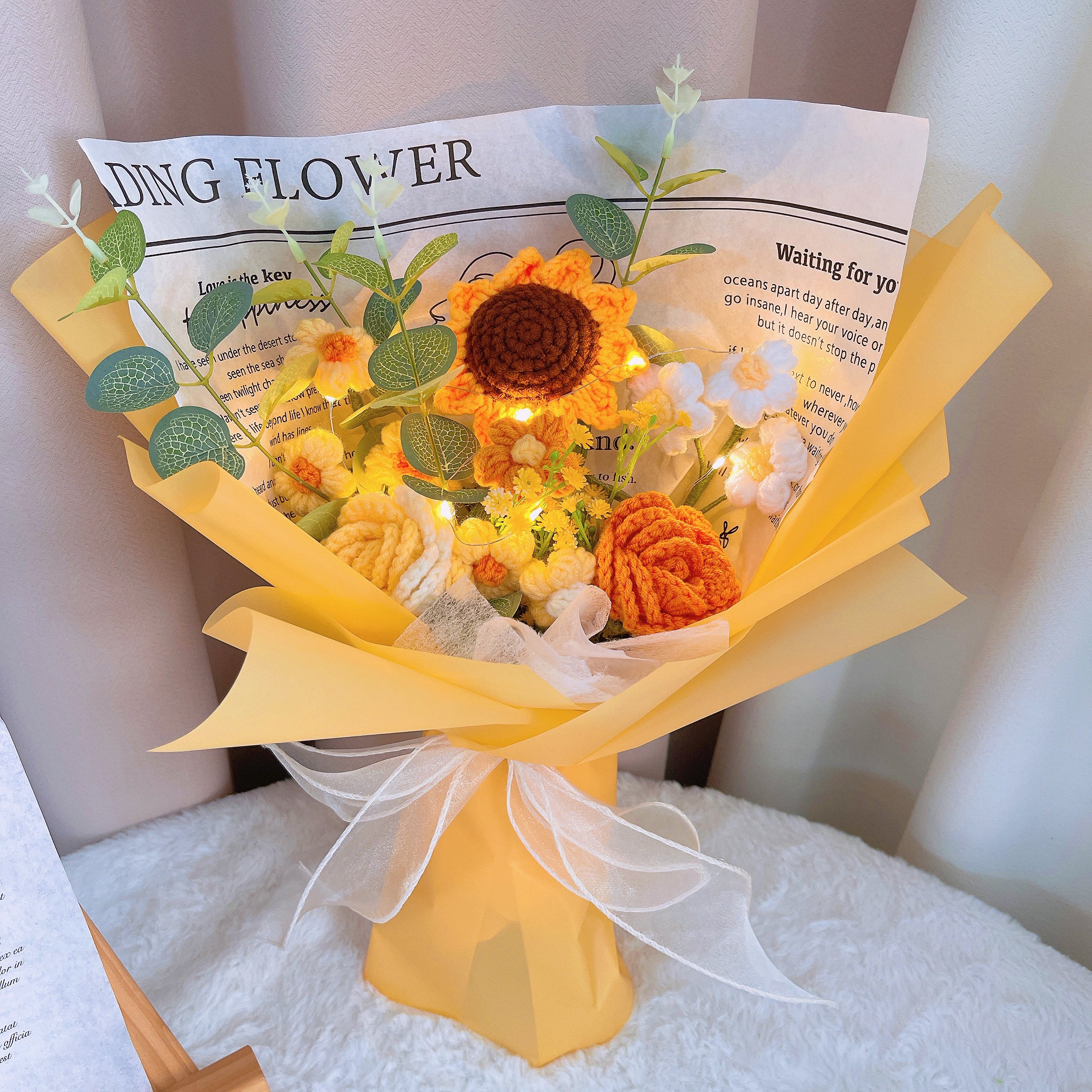 Handmade Sunflower Crochet Bouquet Arrangement with Rose Cream Puff Baby's Breath –Allergy-Friendly Gift for Birthday Anniversary Get Well