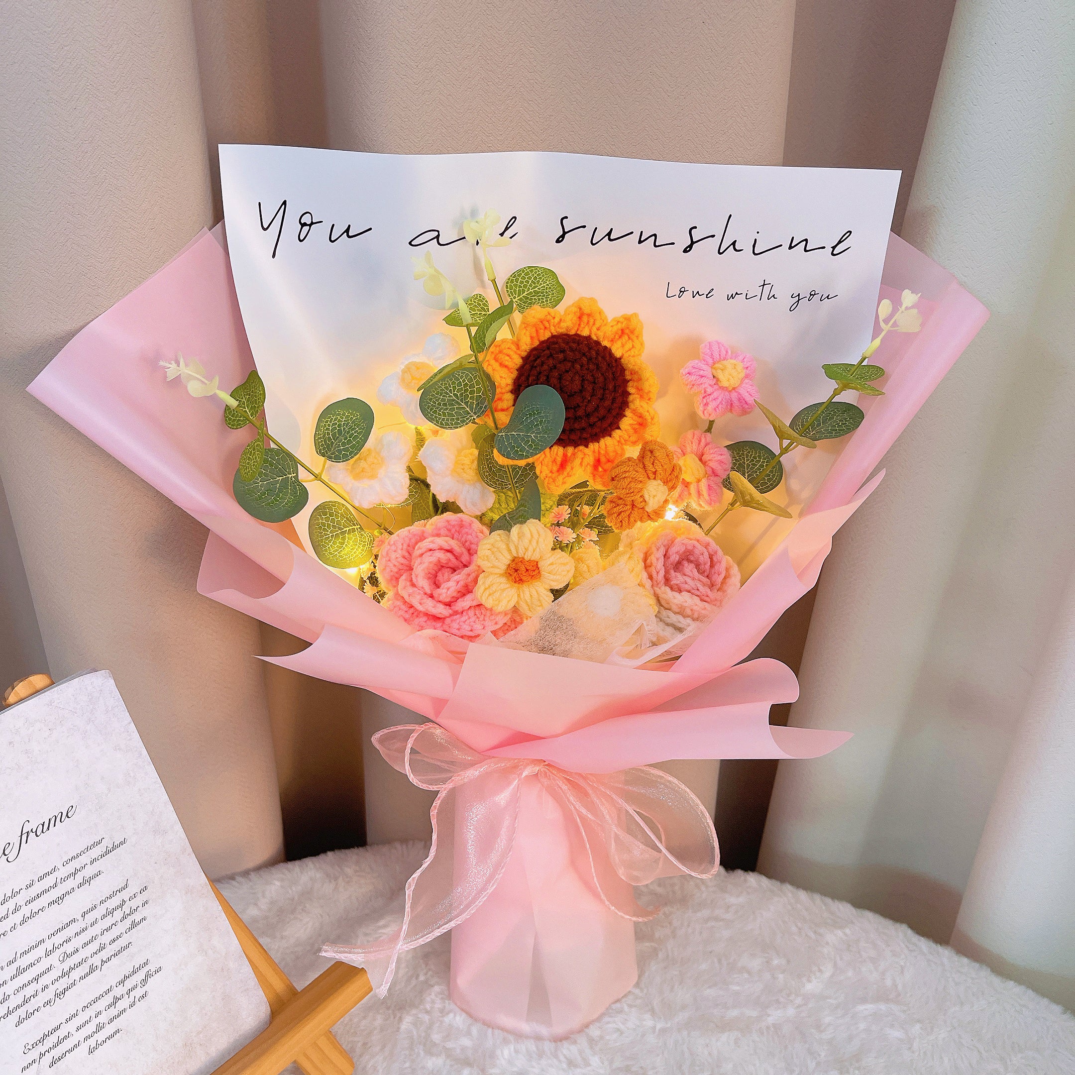 Handmade Sunflower Crochet Bouquet Arrangement with Rose Cream Puff Baby's Breath –Allergy-Friendly Gift for Birthday Anniversary Get Well