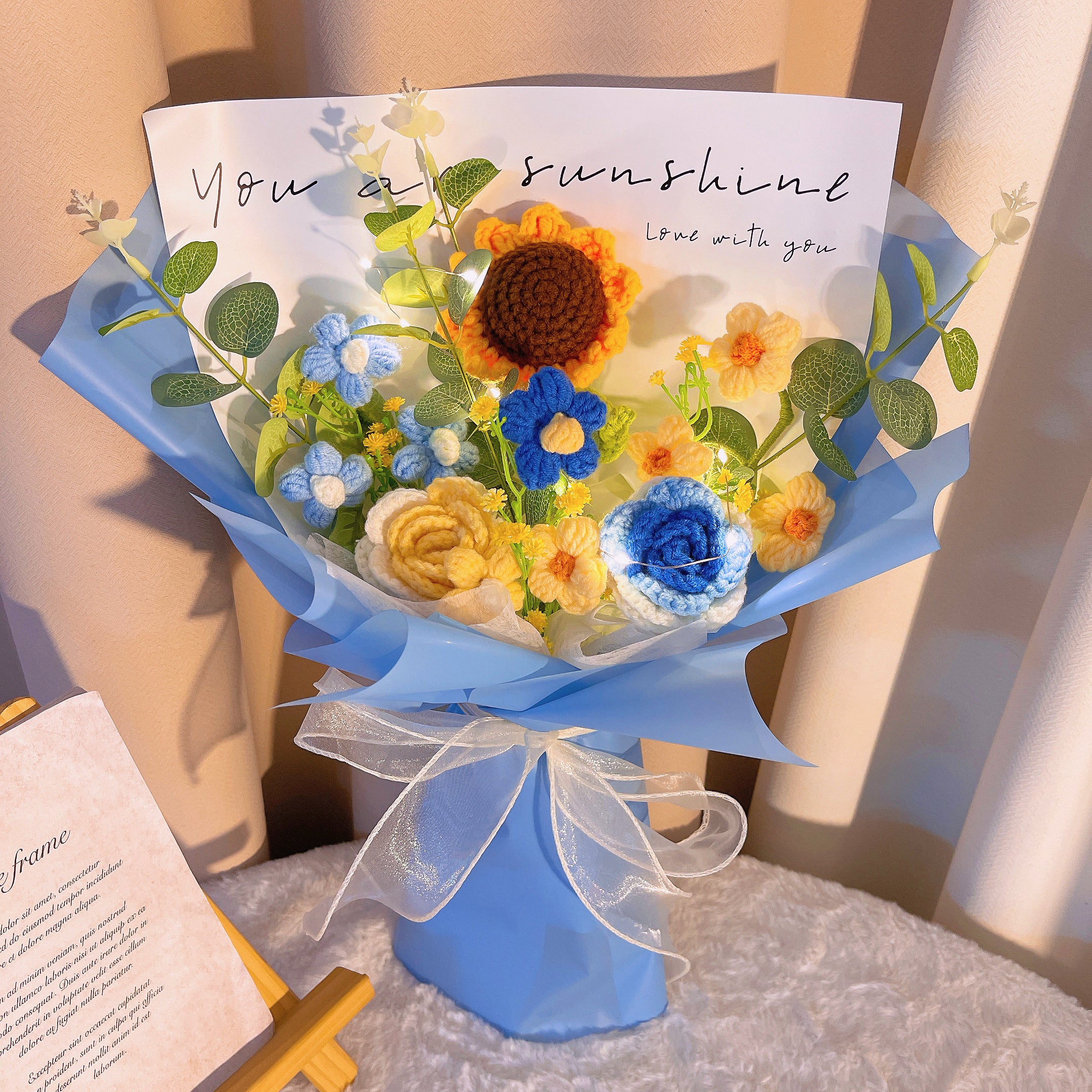 Handmade Sunflower Crochet Bouquet Arrangement with Rose Cream Puff Baby's Breath –Allergy-Friendly Gift for Birthday Anniversary Get Well