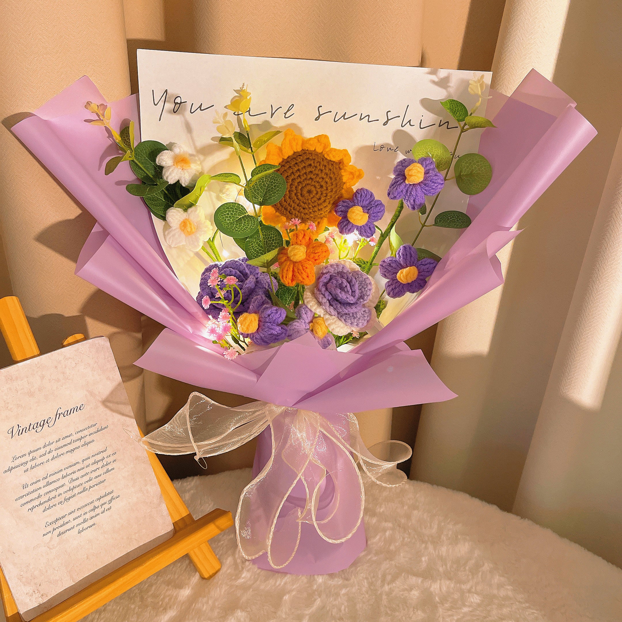 Handmade Sunflower Crochet Bouquet Arrangement with Rose Cream Puff Baby's Breath –Allergy-Friendly Gift for Birthday Anniversary Get Well