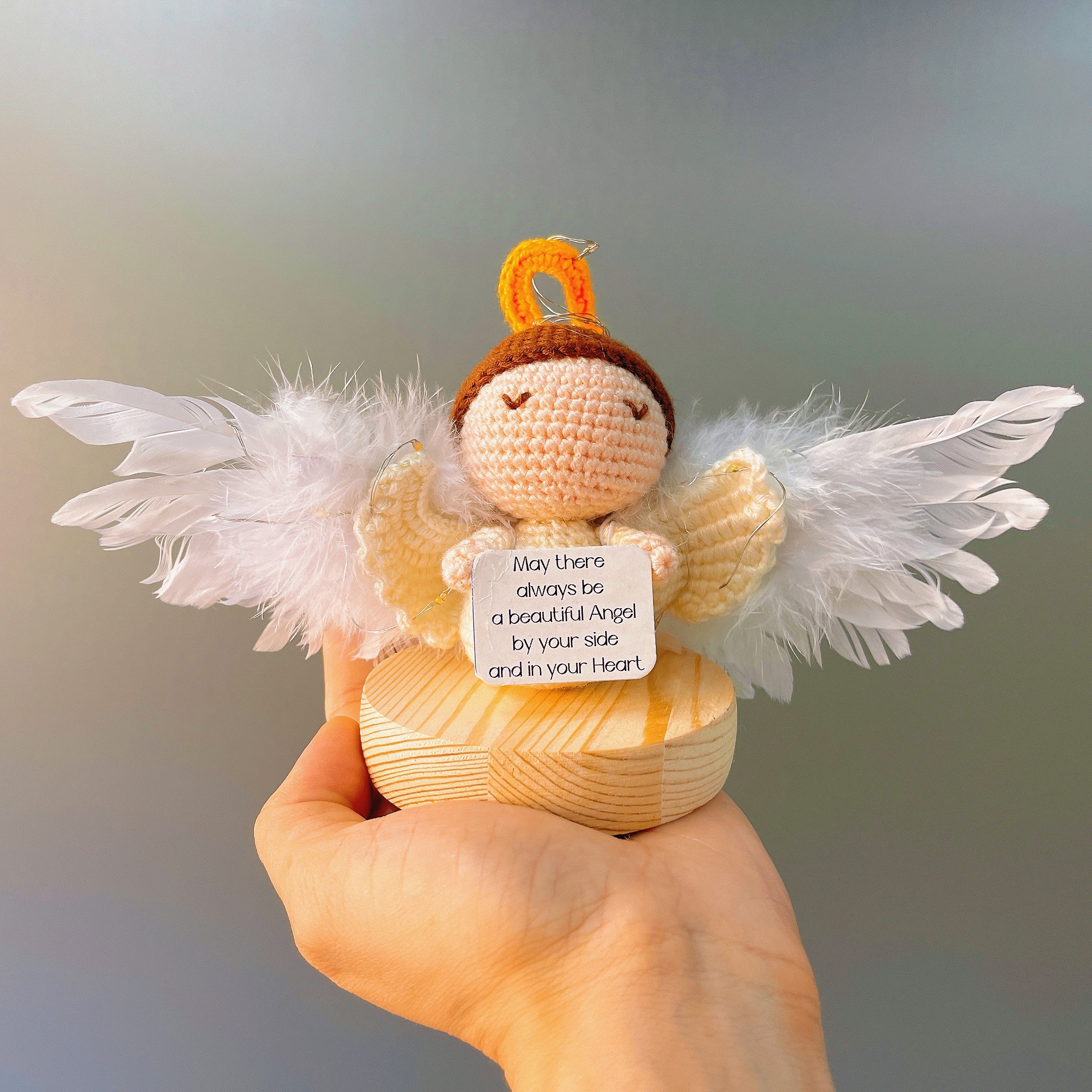 Crochet Angel Figure with Custom Inspirational Card - Handmade Spiritual Gift with LED for Anxiety Relief Get Well Gift Christmas Catholic Christian