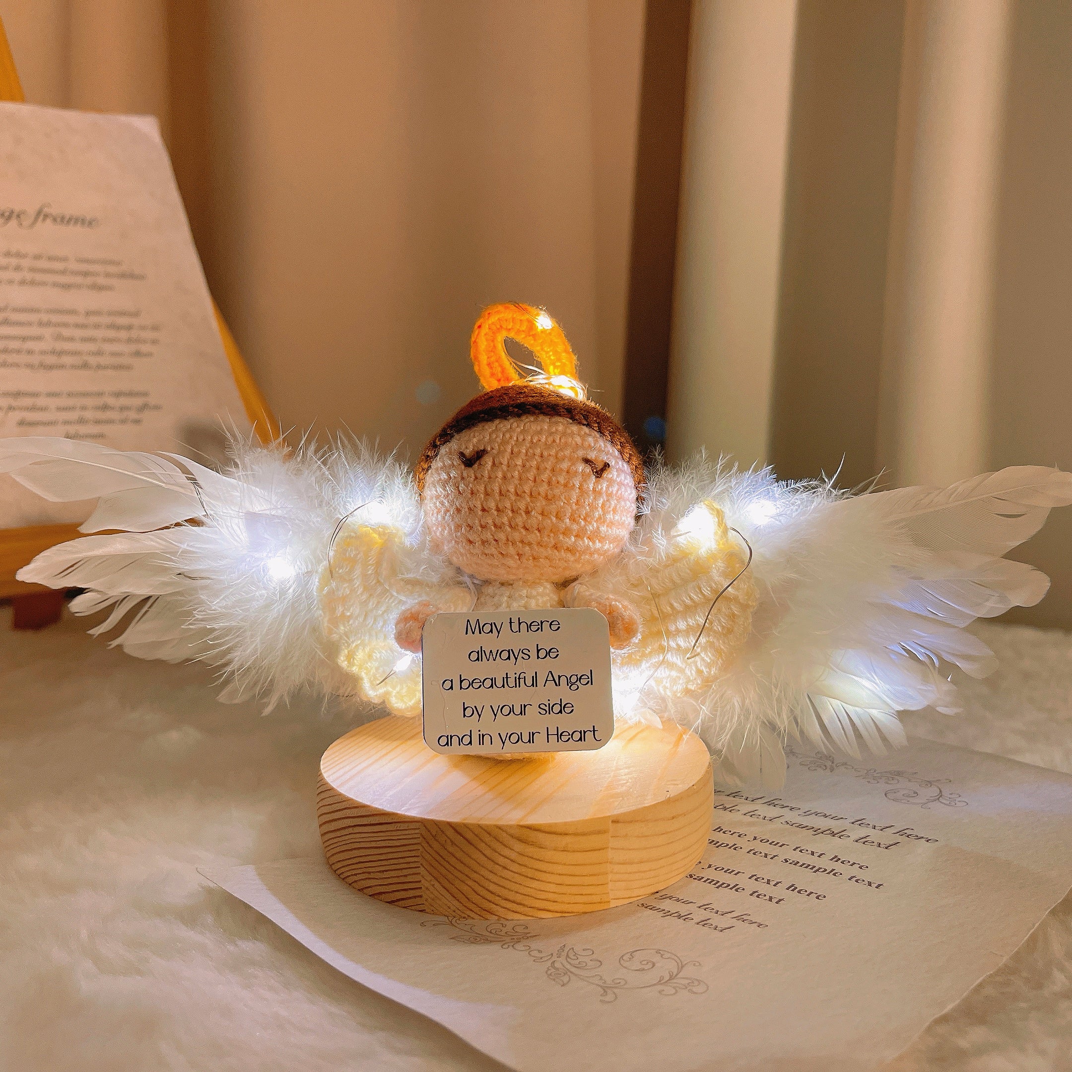 Crochet Angel Figure with Custom Inspirational Card - Handmade Spiritual Gift with LED for Anxiety Relief Get Well Gift Christmas Catholic Christian