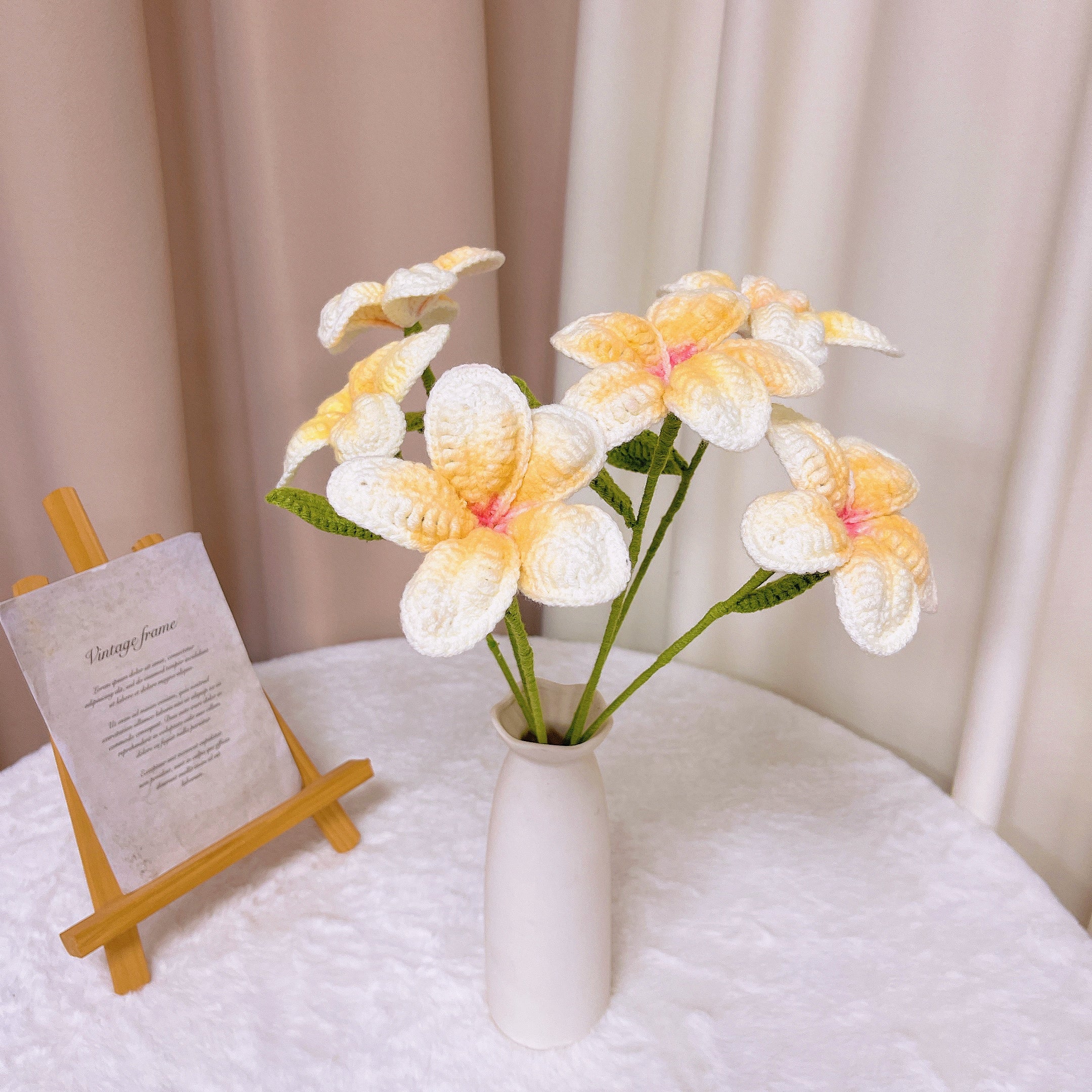 Handcrafted Crochet 12 Frangipani Bouquet with White and Silver Packaging - Yellow Petals with Orange Cores