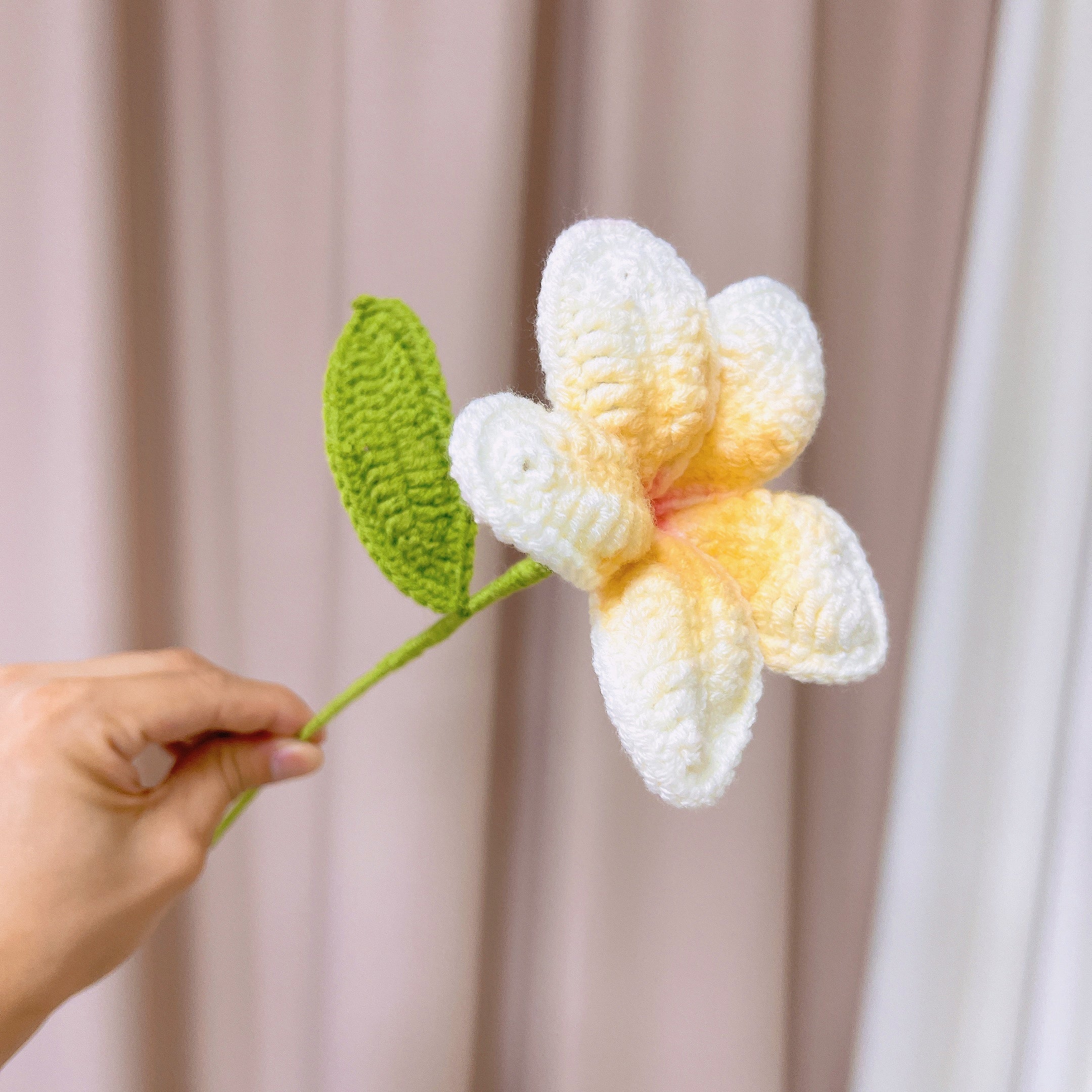 Handcrafted Crochet 12 Frangipani Bouquet with White and Silver Packaging - Yellow Petals with Orange Cores