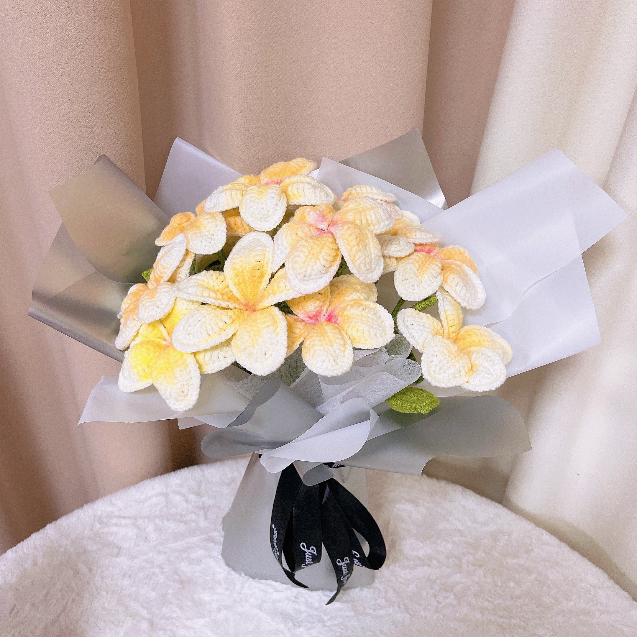 Handcrafted Crochet 12 Frangipani Bouquet with White and Silver Packaging - Yellow Petals with Orange Cores