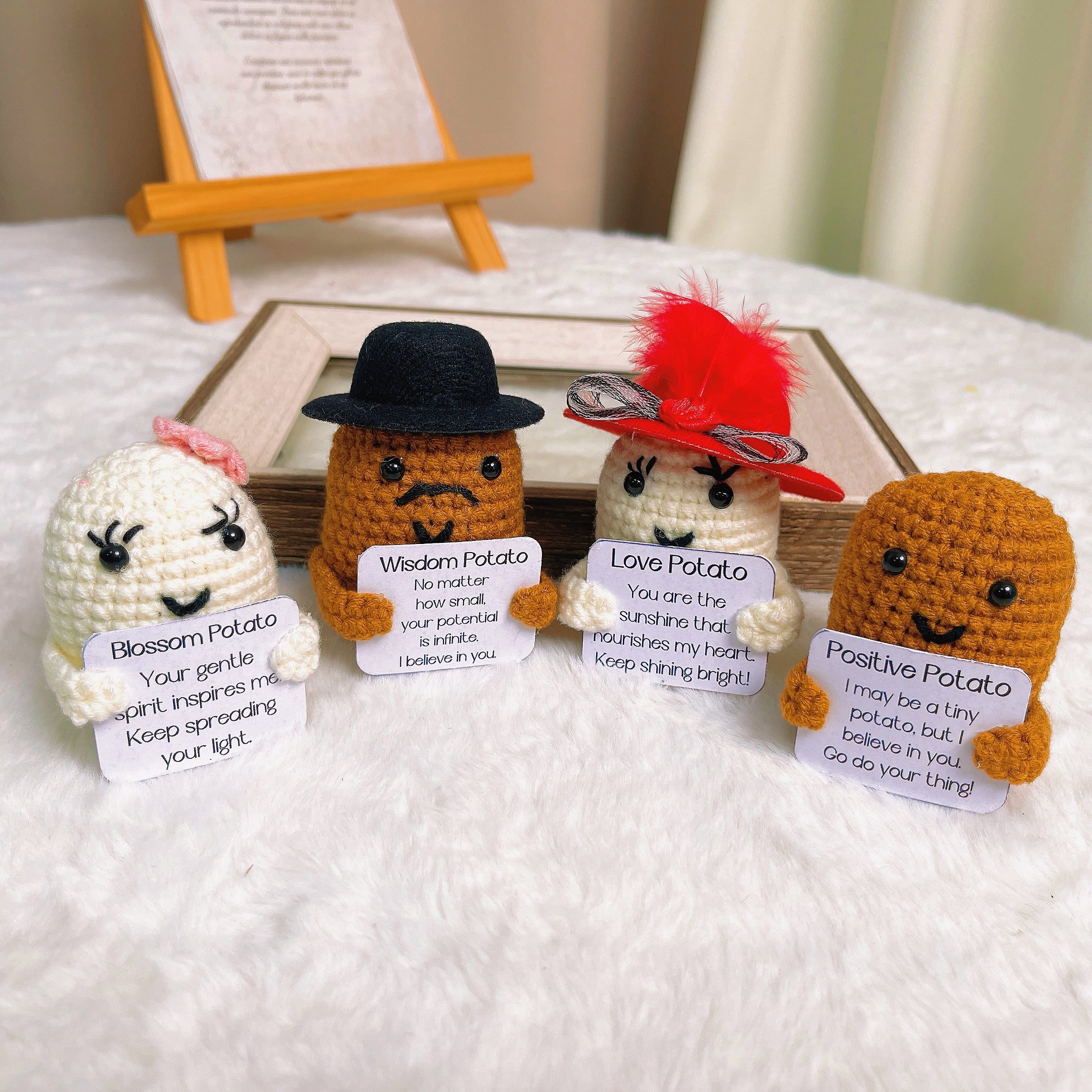 Hand-Crocheted Positive Potato Family Plushies - Emotional Support Bonding Love Parenting Graduation Get Well, Customizable Affirmation Quotes and Color, Team Building Meeting