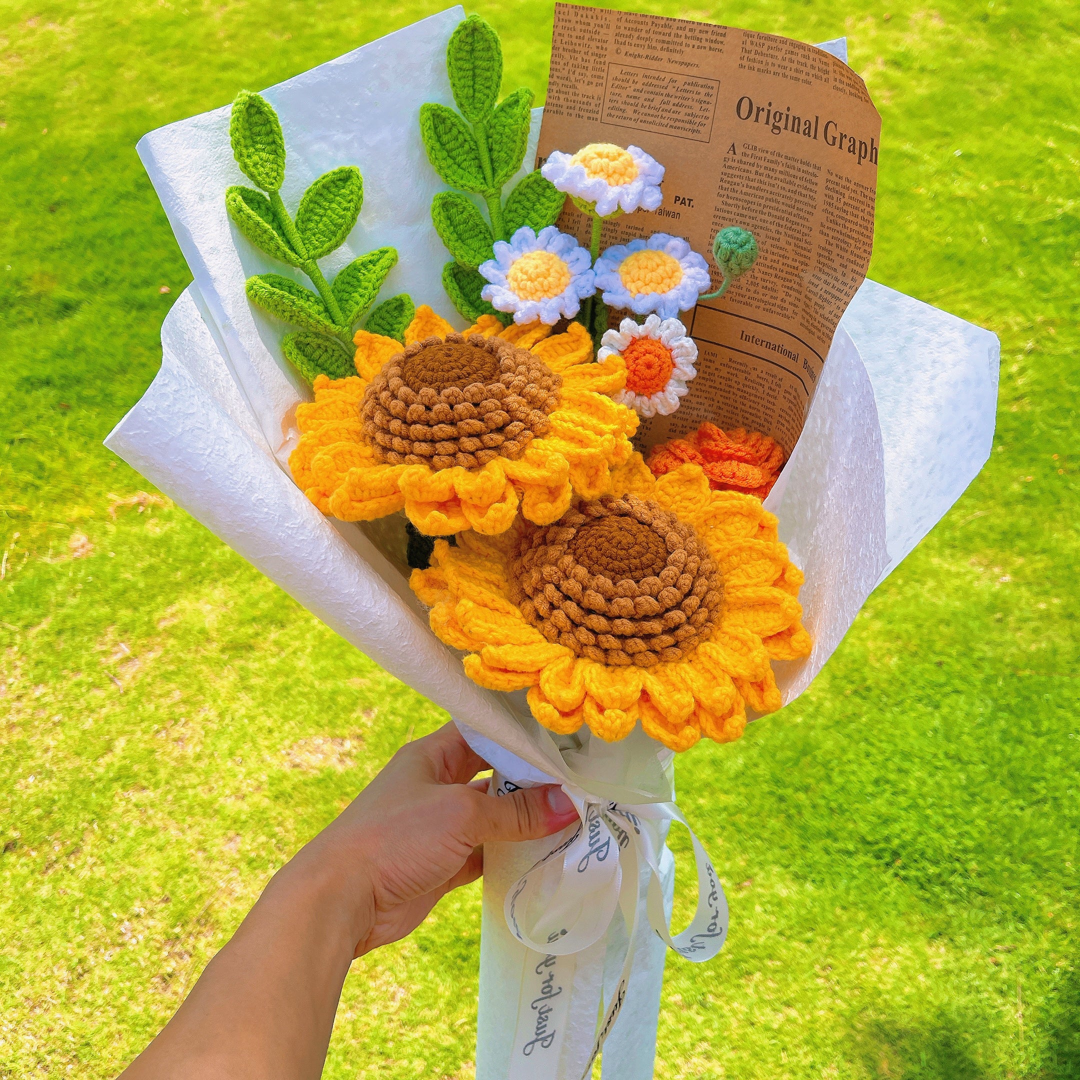 Handmade Crochet Sunflower and Daisy Bouquet in Kraft Paper Wrap with Brown Newspaper for Graduation Summer Vacation Appreciation