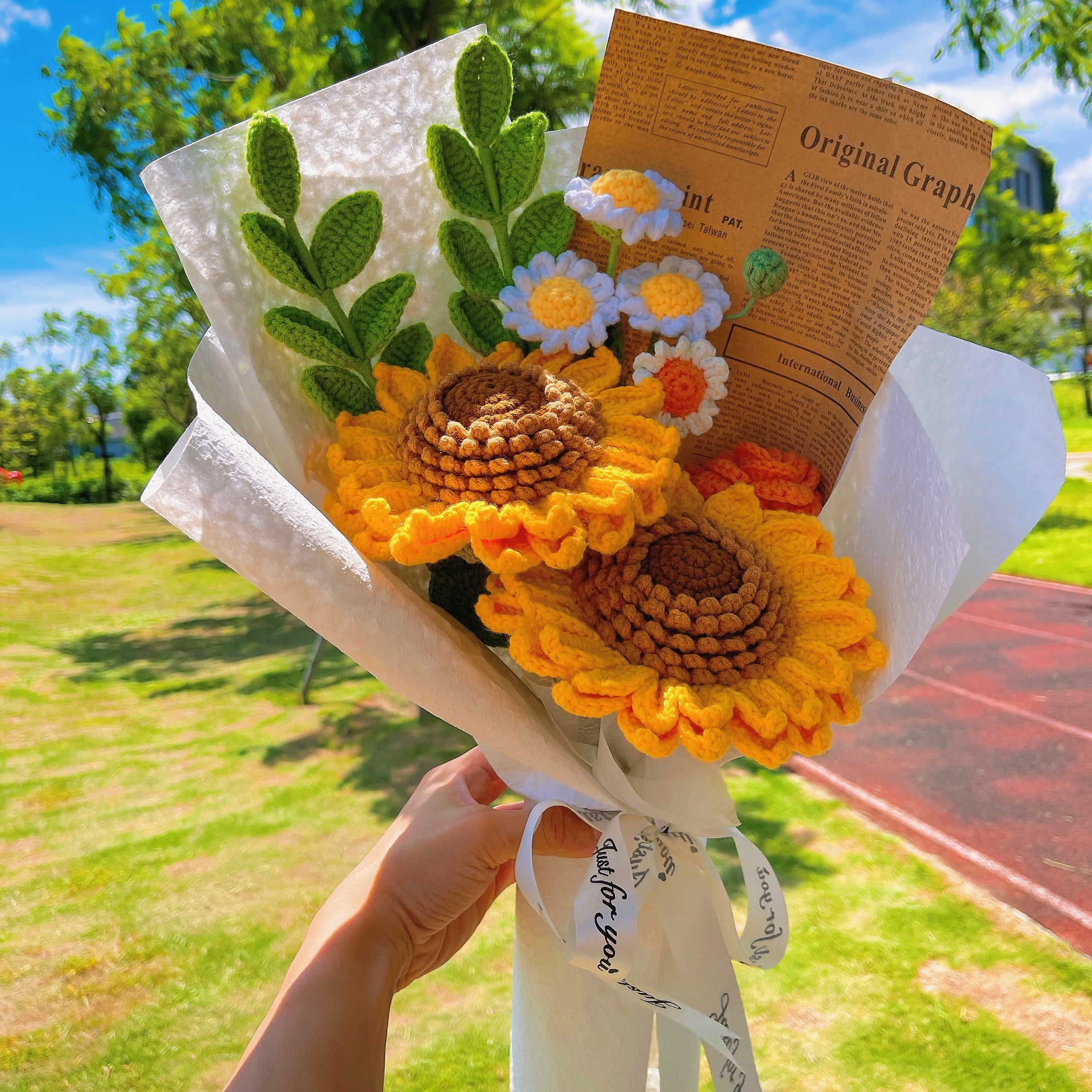 Handmade Crochet Sunflower and Daisy Bouquet in Kraft Paper Wrap with Brown Newspaper for Graduation Summer Vacation Appreciation