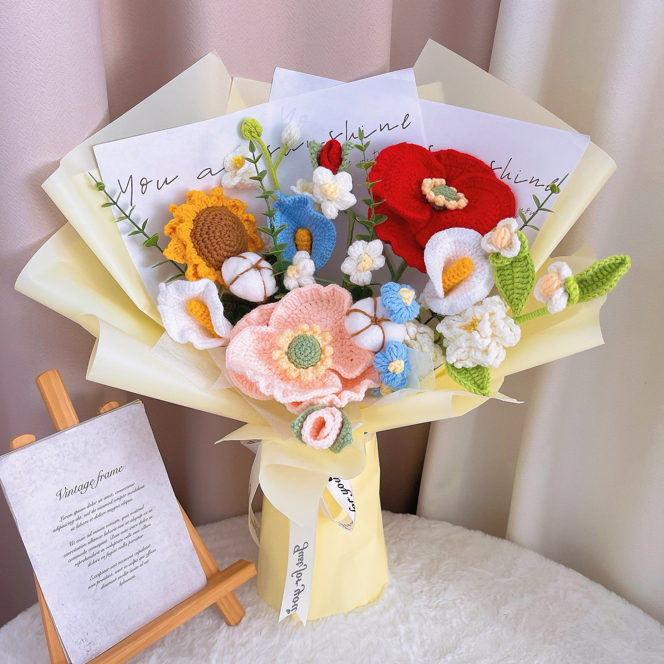 Handcrafted Beauty Yu Crocheted Bouquet - Mix of Red & Pink Dahlias, White & Blue Calla Lilies, Peonies, Cotton, Sunflowers, Gardenias, & White Lily of the Valley. Perfect for Any Occasions Loved Ones