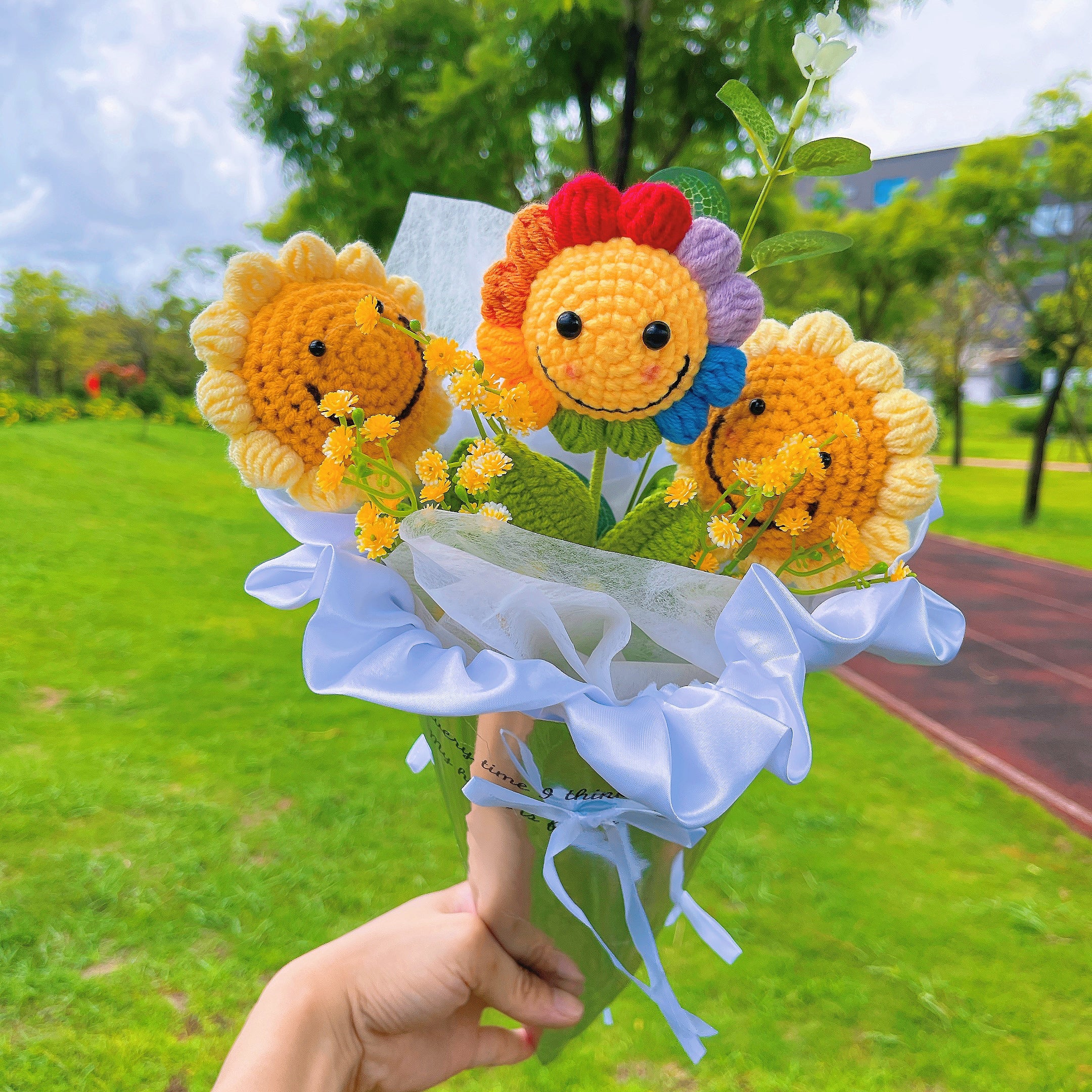 Crochet Smiling Sunflower Bouquet Set - Colorful Smiling Face Sunflowers, Faux Baby's Breath and Golden Leaves - Mirrored Ice Cream Cone Gift Wrap