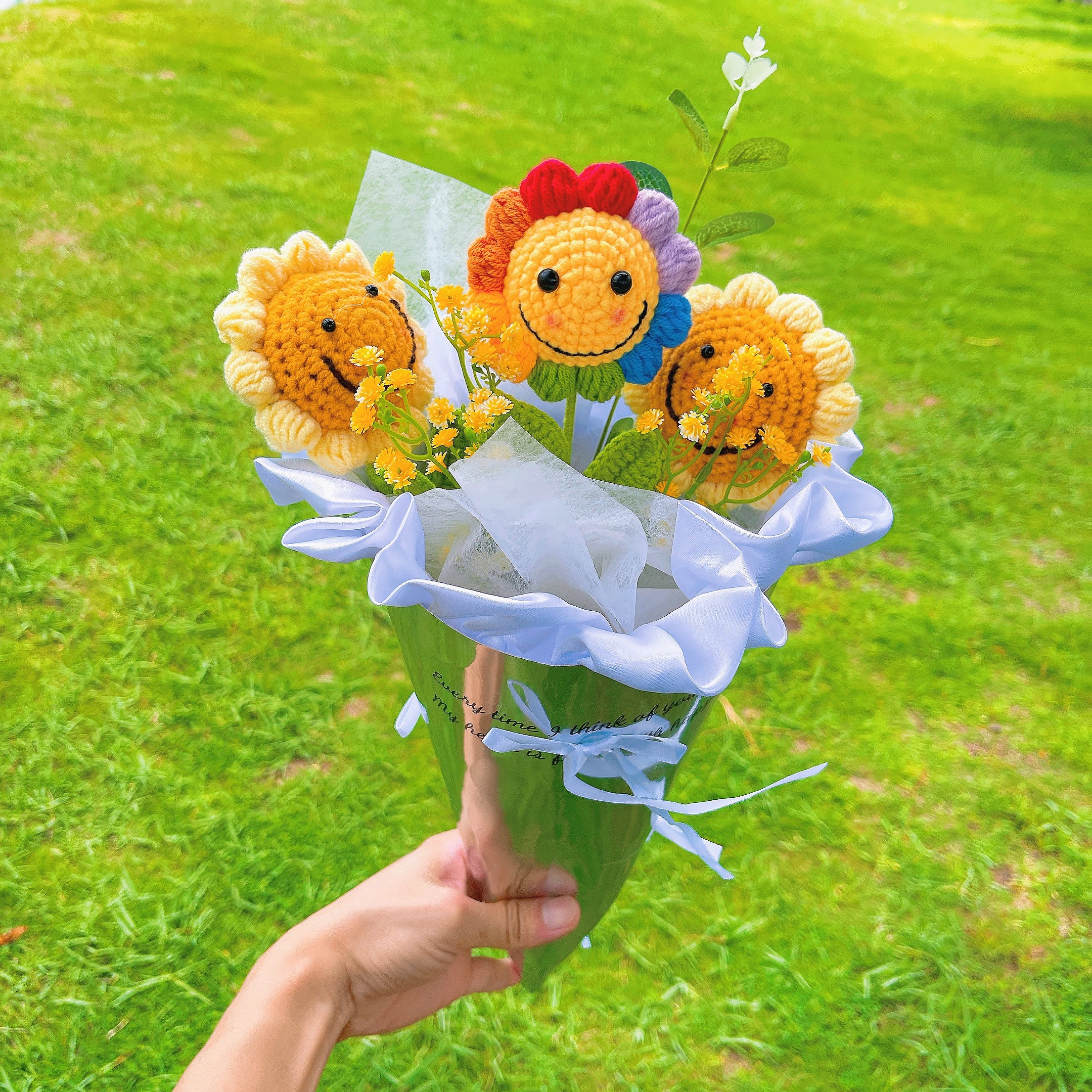 Crochet Smiling Sunflower Bouquet Set - Colorful Smiling Face Sunflowers, Faux Baby's Breath and Golden Leaves - Mirrored Ice Cream Cone Gift Wrap