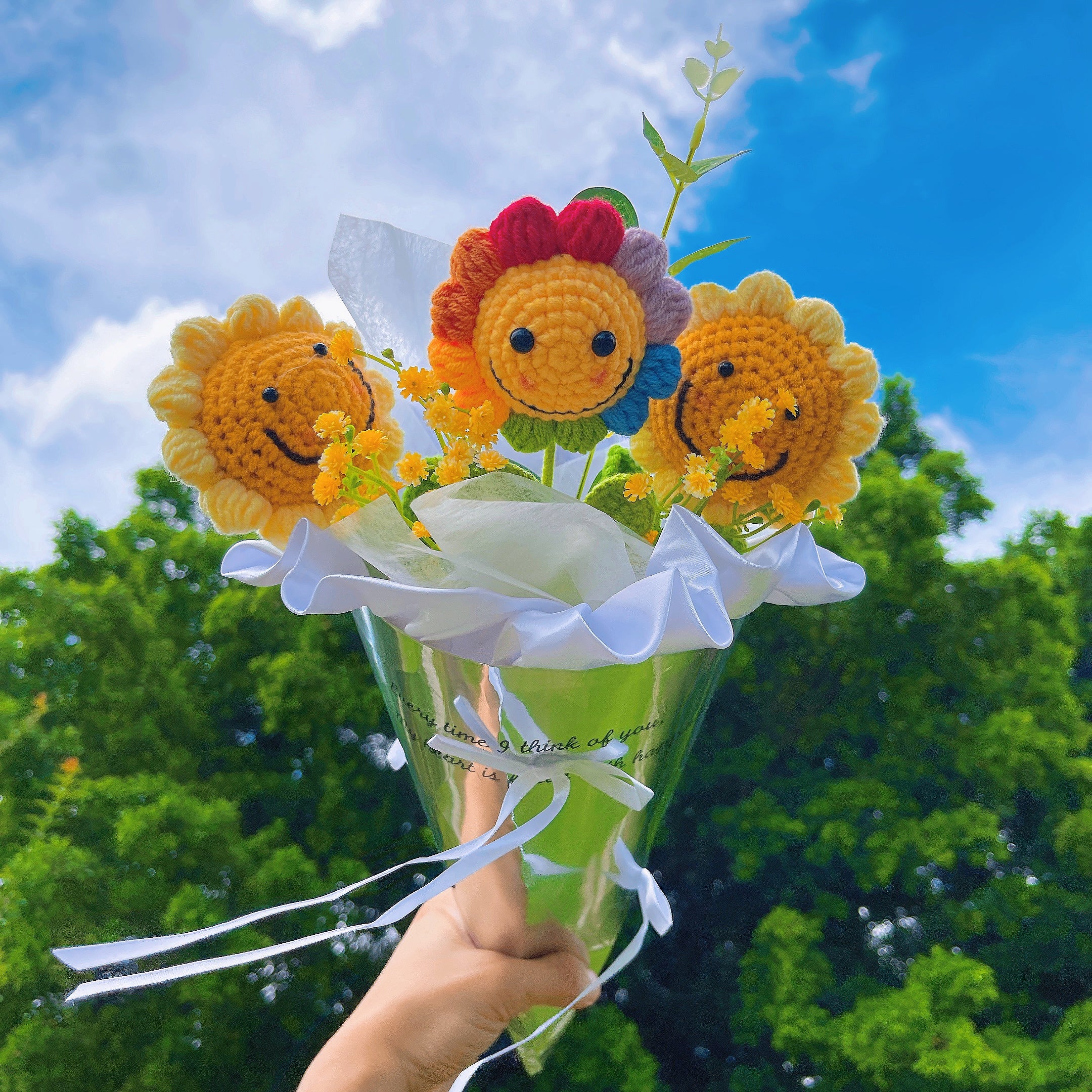 Crochet Smiling Sunflower Bouquet Set - Colorful Smiling Face Sunflowers, Faux Baby's Breath and Golden Leaves - Mirrored Ice Cream Cone Gift Wrap
