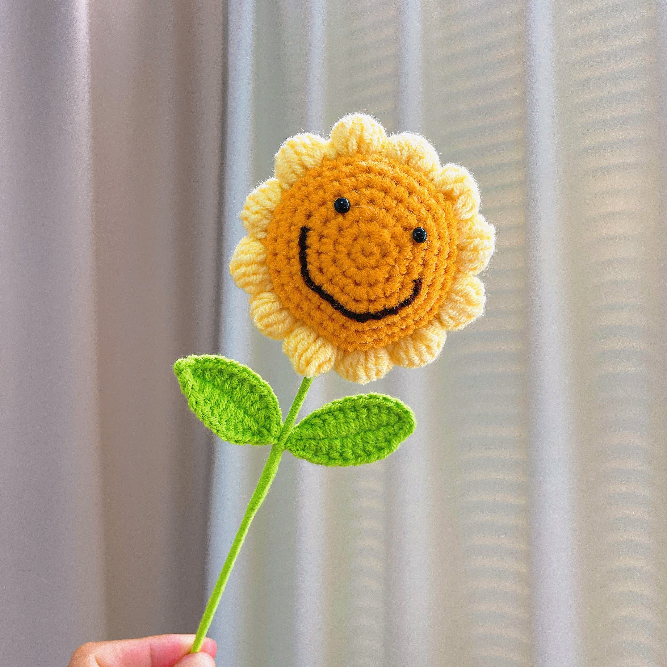 Crochet Smiling Sunflower Bouquet Set - Colorful Smiling Face Sunflowers, Faux Baby's Breath and Golden Leaves - Mirrored Ice Cream Cone Gift Wrap