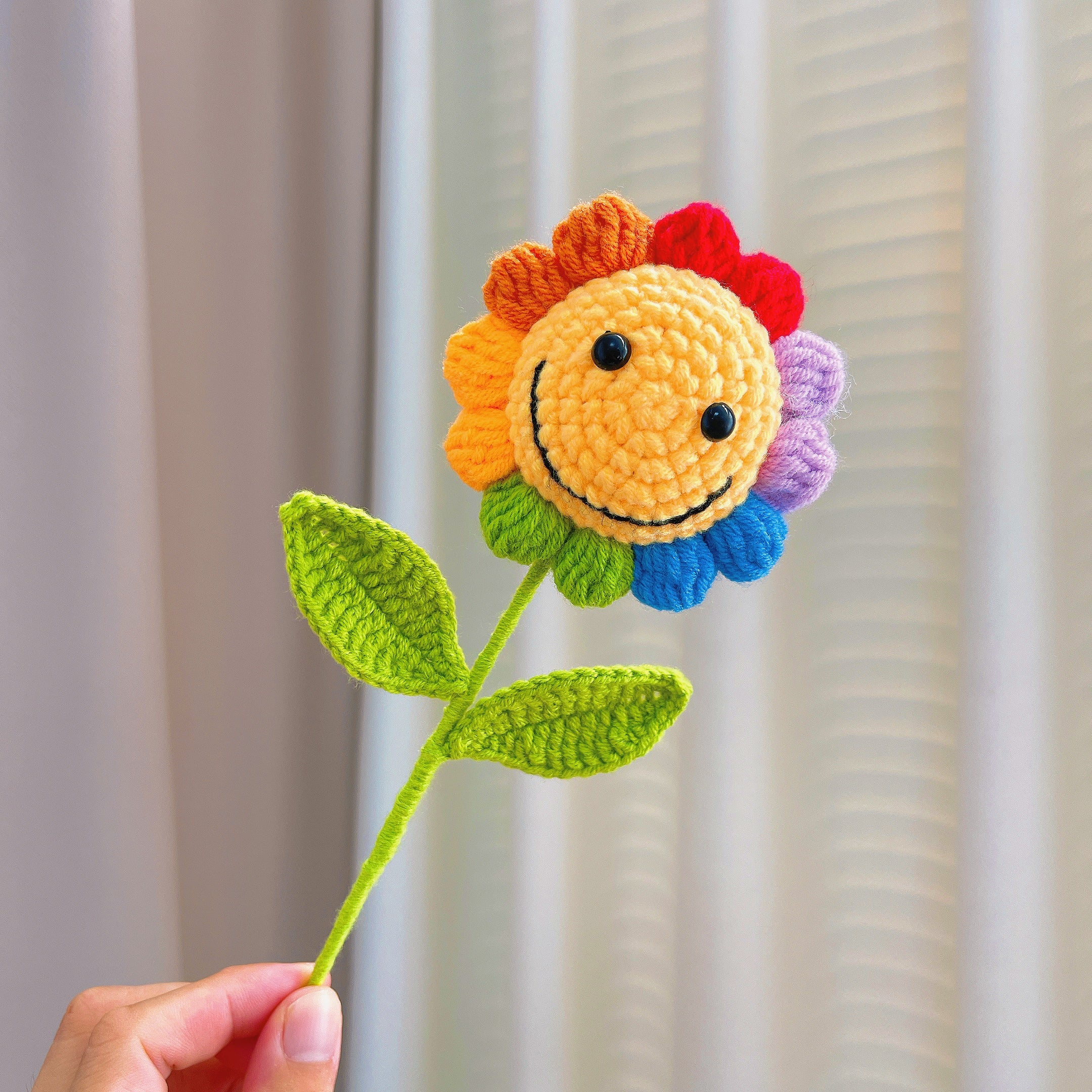 Crochet Smiling Sunflower Bouquet Set - Colorful Smiling Face Sunflowers, Faux Baby's Breath and Golden Leaves - Mirrored Ice Cream Cone Gift Wrap