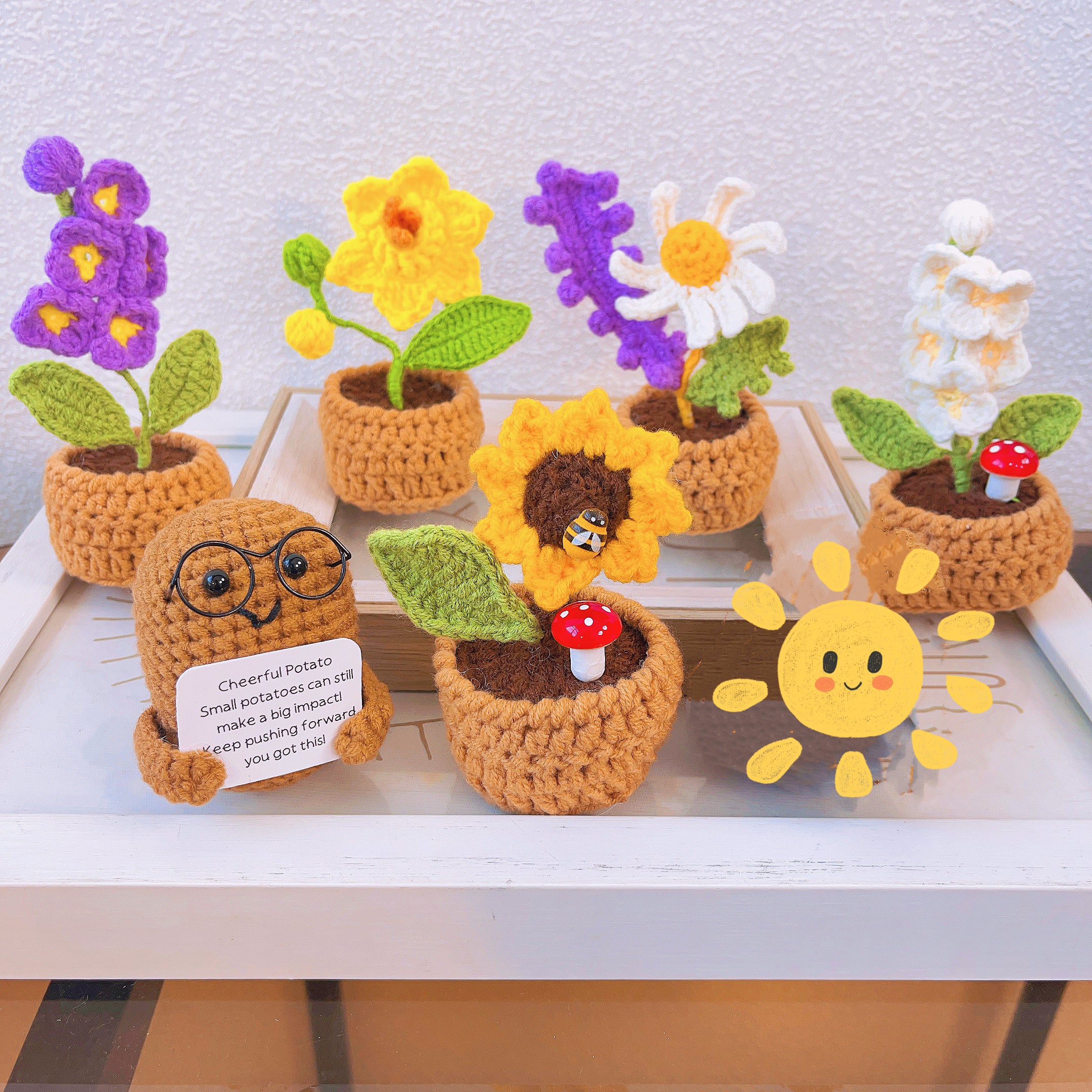 Handcrafted Cheerful Potato Desk Figurine with Customizable Card, Miniature Garden Potted Plants - Perfect for Home Decor, Gifts, Motivation, and Special Occasions