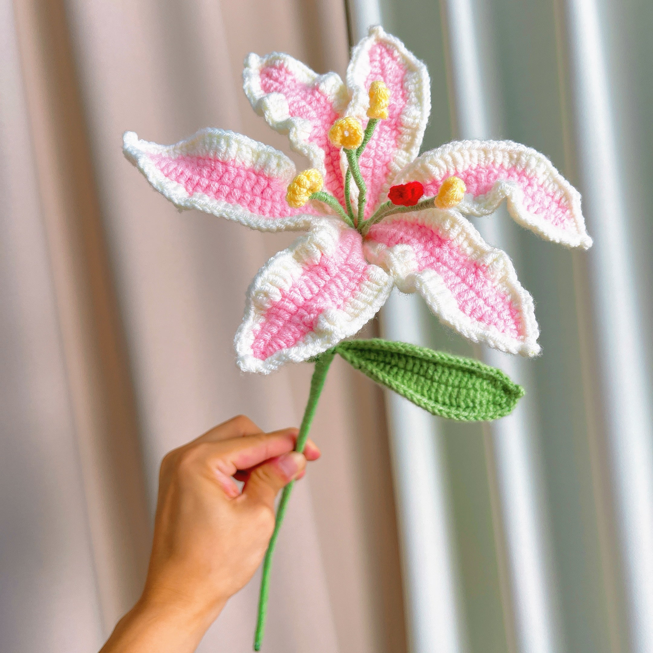 Crochet Pink & White Floral Bouquet - Handmade Hypoallergenic Lily, Rose, Baby's Breath - Allergen-Free Gift for Mother's Day, Wedding, Birthday, Home Decor