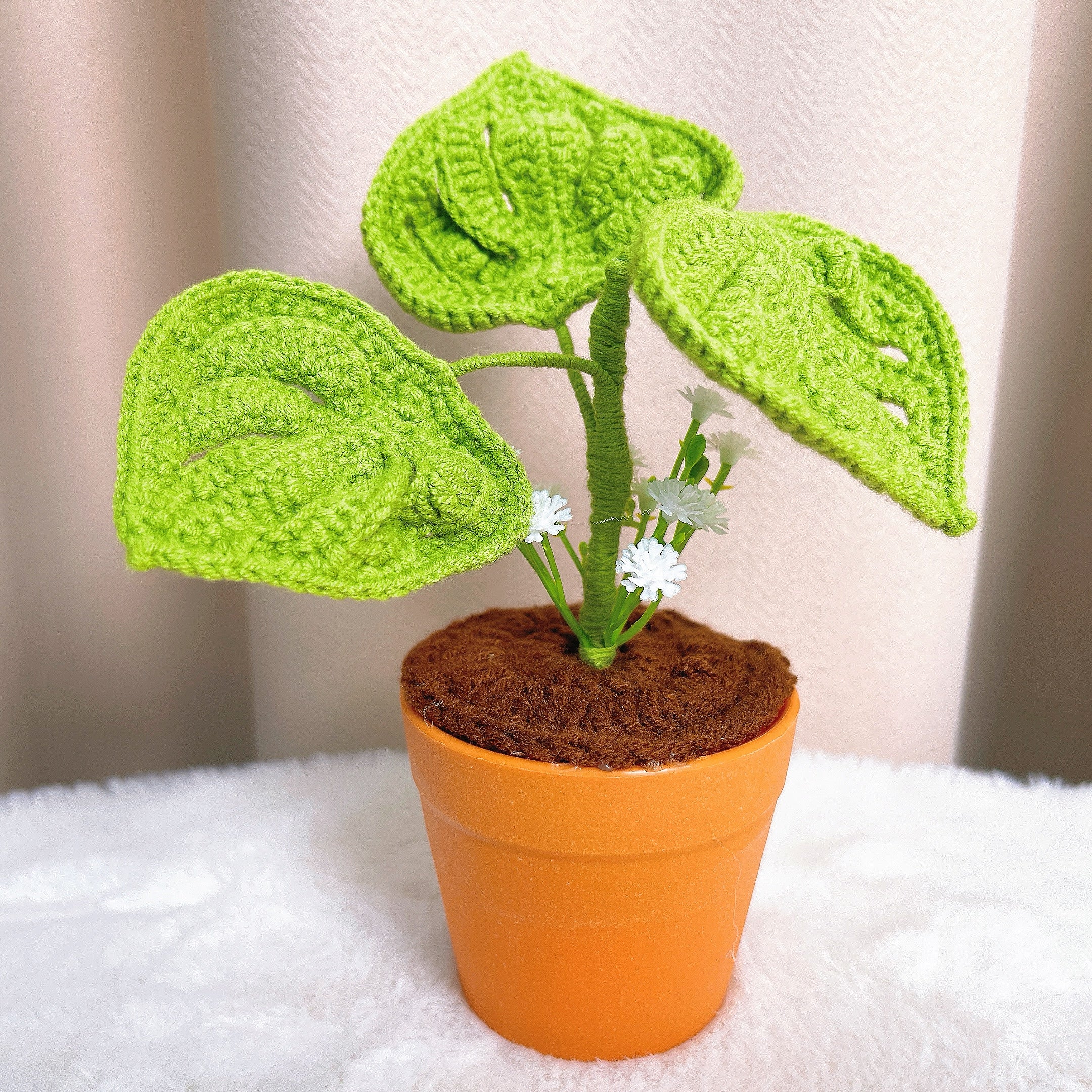Handcrafted Crochet Crested Bamboo Planter - 3 Green Monstera deliciosa + White Starry Accents - Perfect Allergy-Friendly Gift