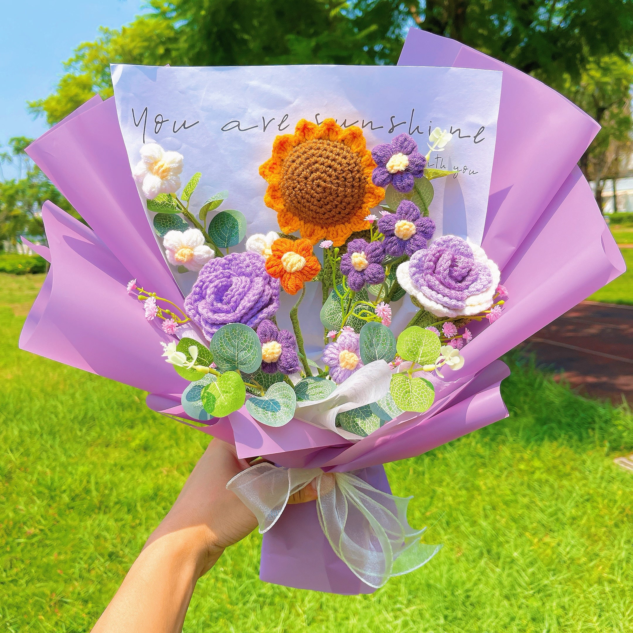 Handmade Sunflower Crochet Bouquet Arrangement with Rose Cream Puff Baby's Breath –Allergy-Friendly Gift for Birthday Anniversary Get Well