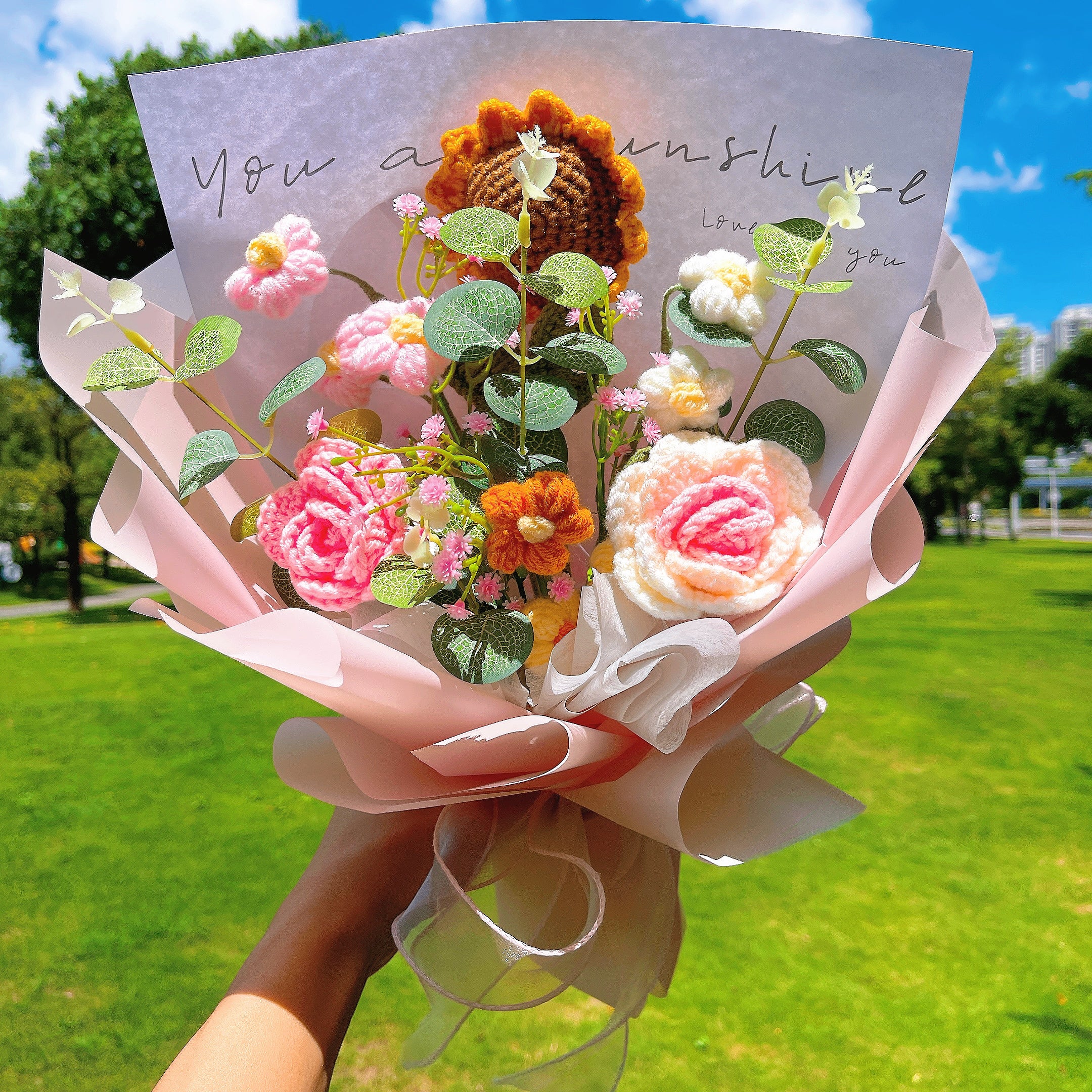 Handmade Sunflower Crochet Bouquet Arrangement with Rose Cream Puff Baby's Breath –Allergy-Friendly Gift for Birthday Anniversary Get Well