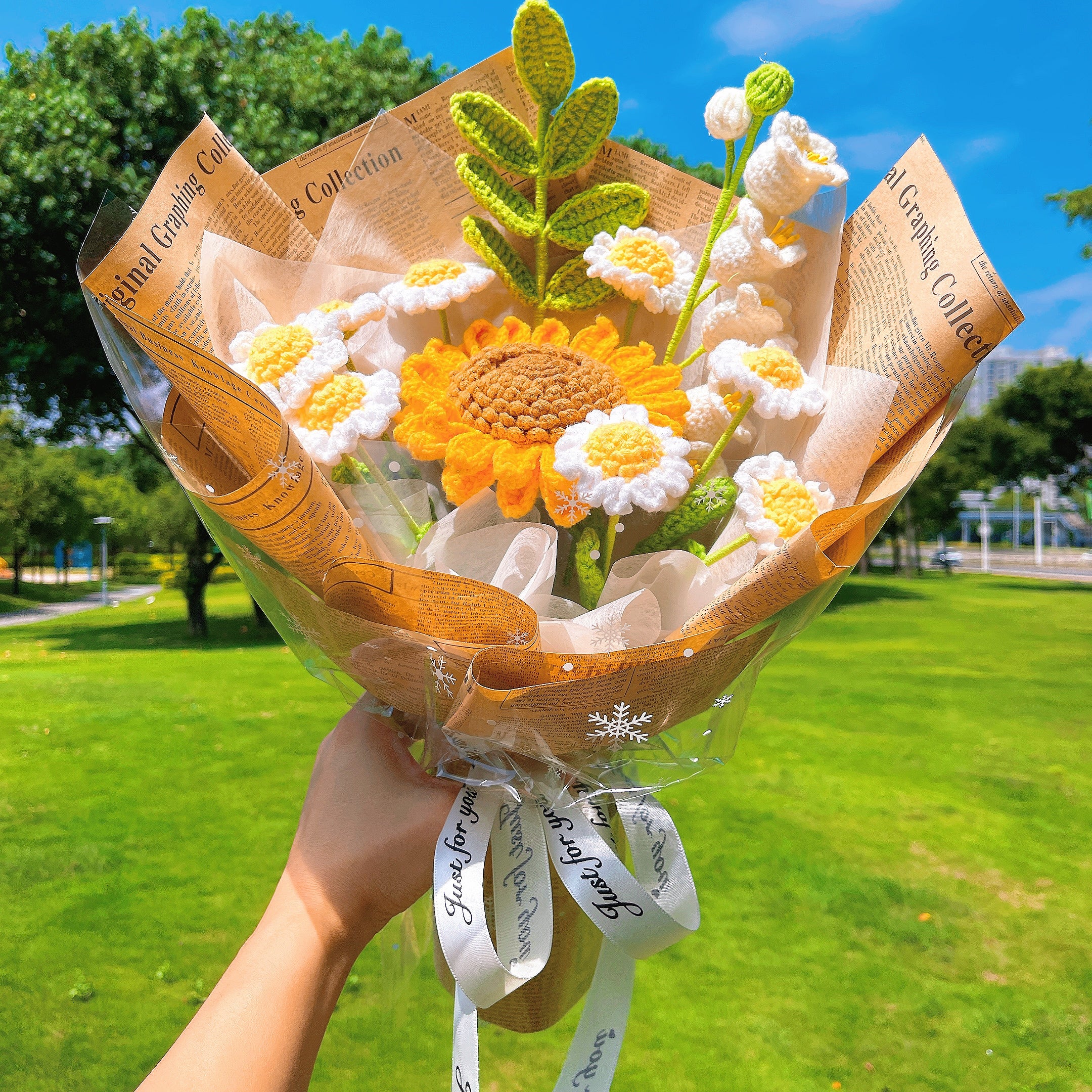 Handcrafted Burst of Summer's Delight Crocheted Bouquet - Sunflowers, Lilies, Greenery, and Daisies