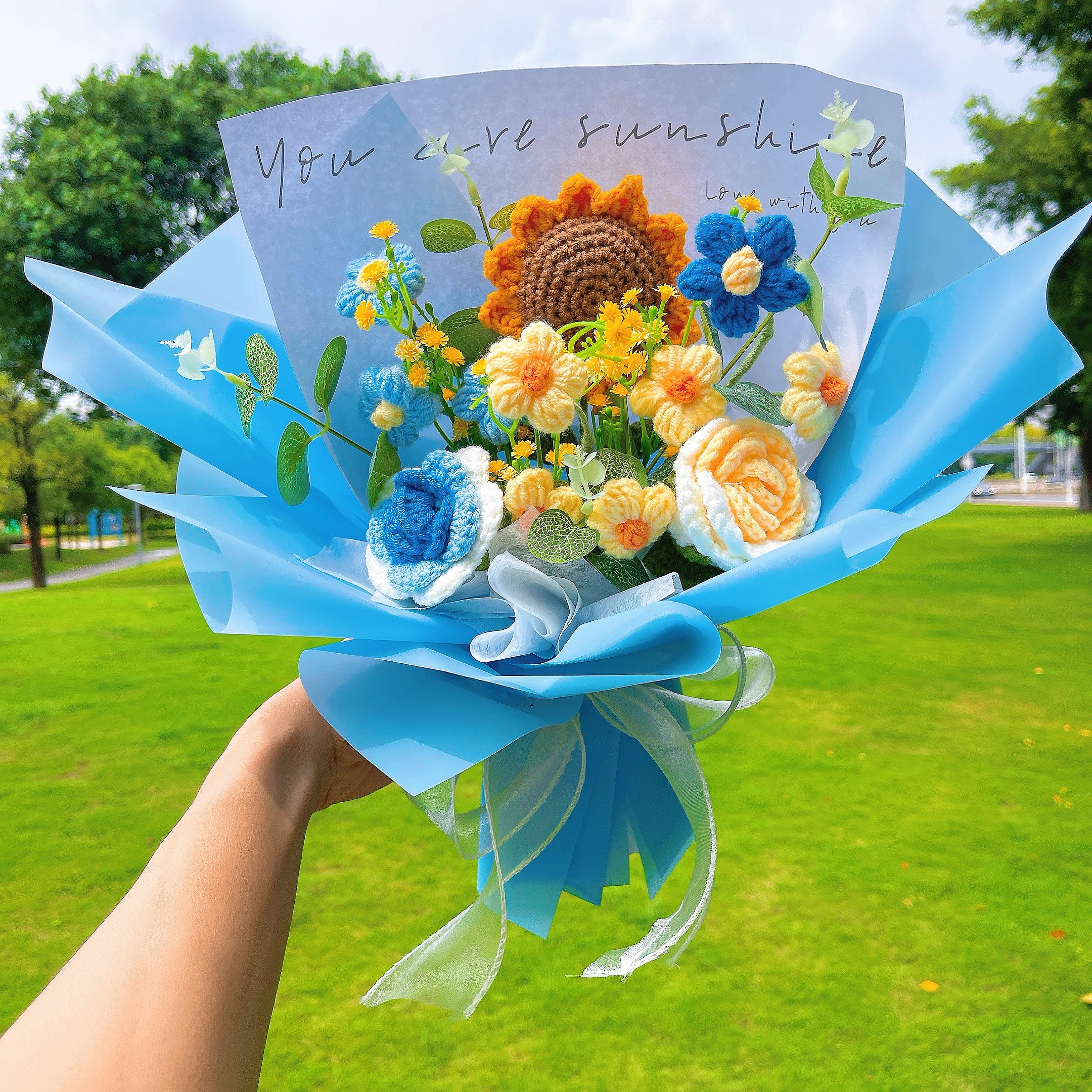 Handmade Crocheted Luminous Joy Bouquet - Roses, Sunflowers, and Puffs Bouquet