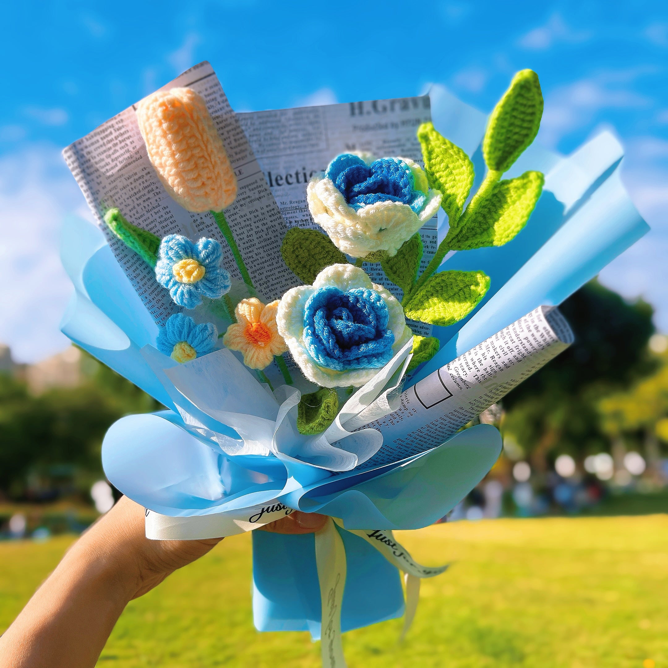 Handmade Crocheted Bouquet of Blue Roses, Lilies, Pompoms, and Greenery
