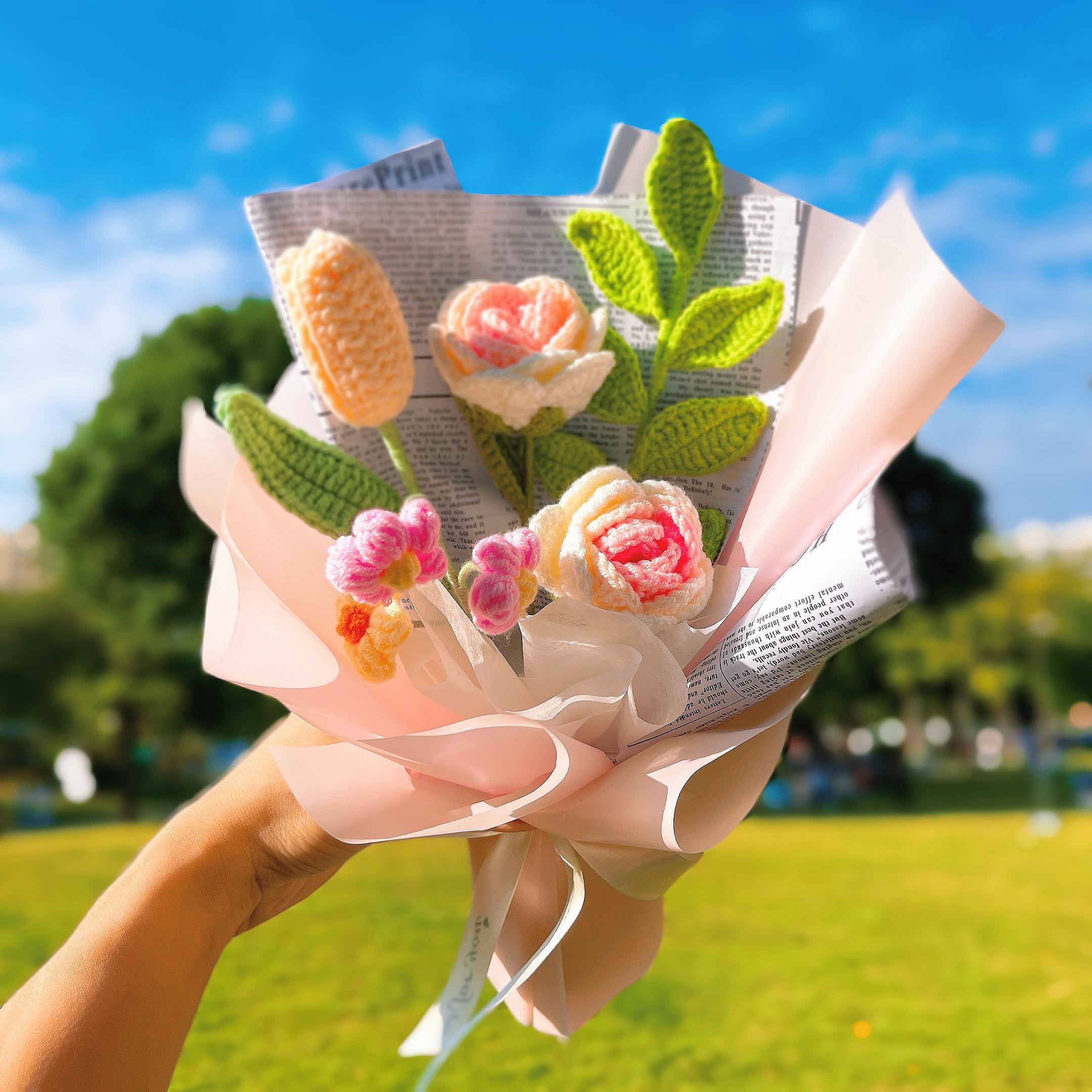 Handmade Crocheted Sweet Pastel Pink Bouquet of Roses, Tulips, Posies, and Greenery