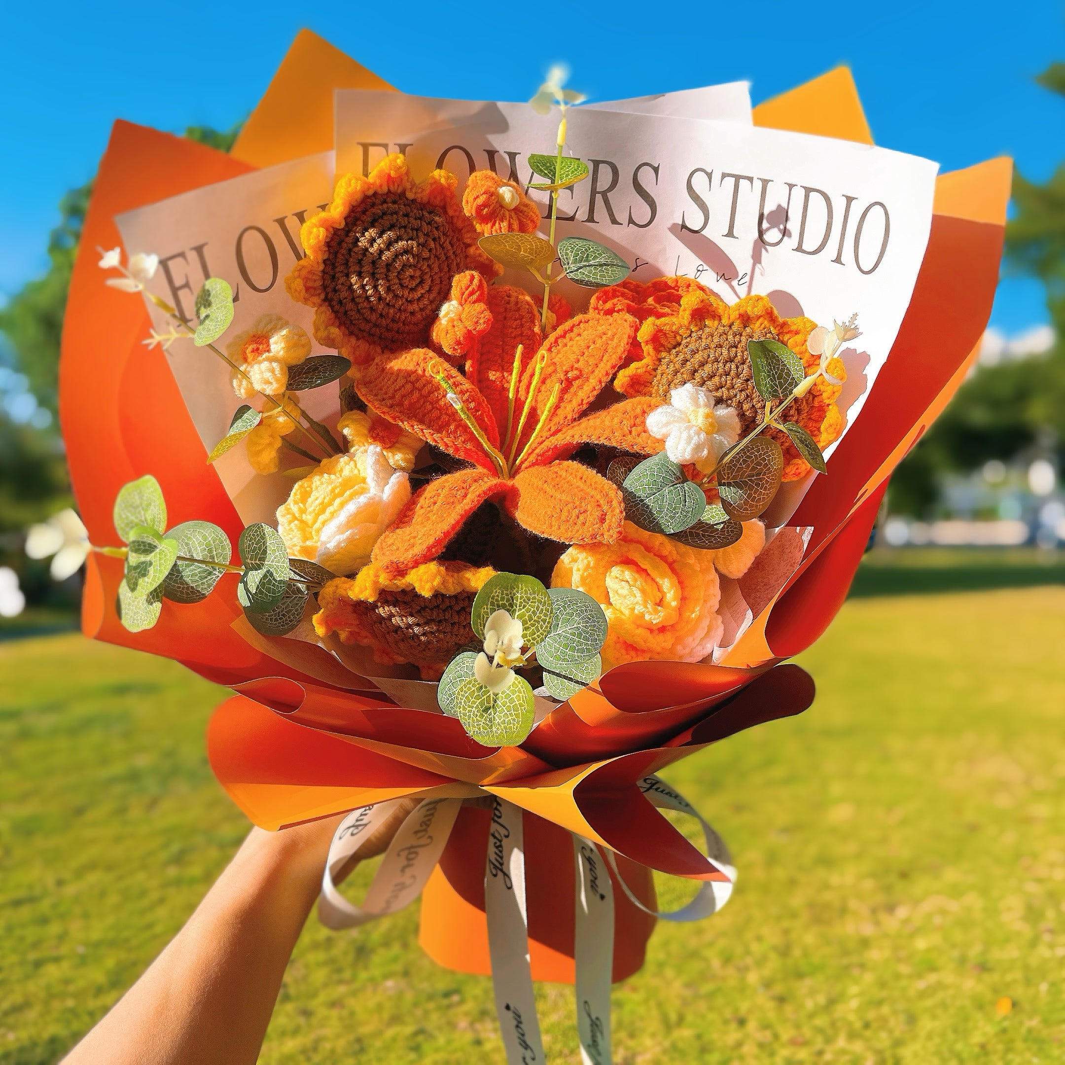 Handmade Crochet Yellow & Orange Toned Sunflowers Lily Bouquet - Roses Puffs - Perfect for Sunny Days, Summer Celebrations, & Cheerful Occasions