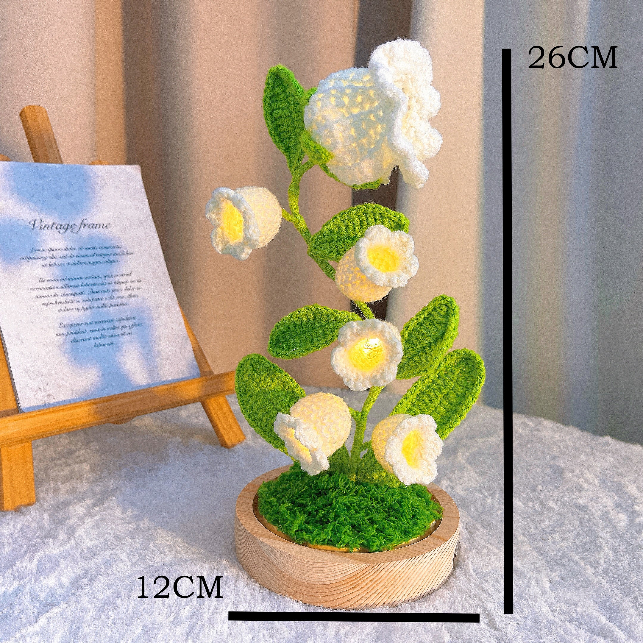 Handmade Crochet Lily of the Valley Lamp - 6-Piece Customizable Floral Light with Wooden Base, Battery/USB Powered, Hypoallergenic Desk Decor for Bedroom, Office & Home