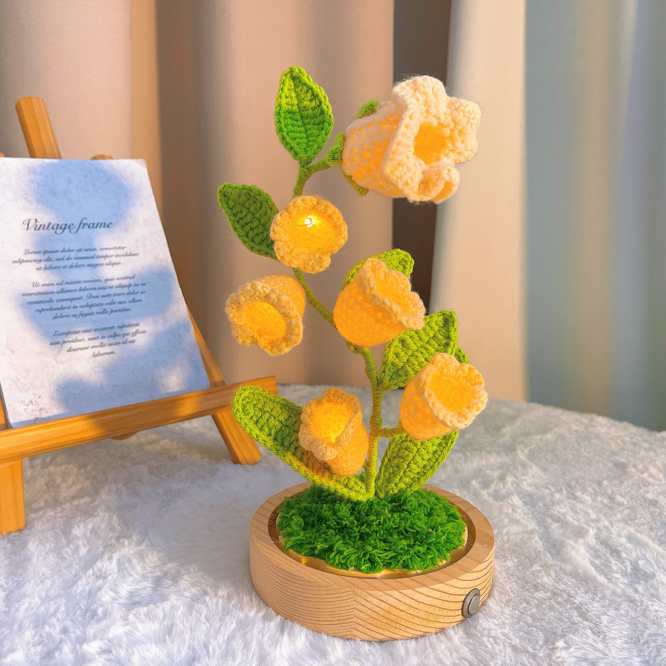 Handmade Crochet Lily of the Valley Lamp - 6-Piece Customizable Floral Light with Wooden Base, Battery/USB Powered, Hypoallergenic Desk Decor for Bedroom, Office & Home