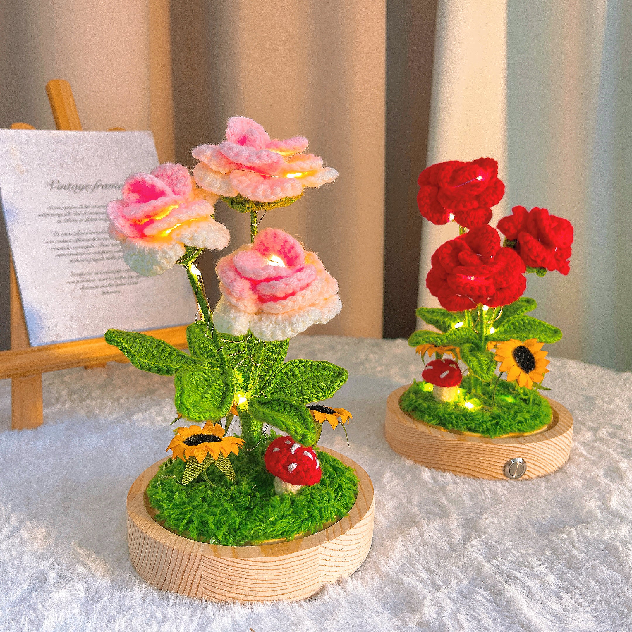 Handmade Crochet Rose Lamp - 3-Piece Customizable Pointed Roses with Wooden Base, Battery-Powered, Optional Glass Dome, Sunflower & Mushroom Accents for Desk/Bedroom Decor