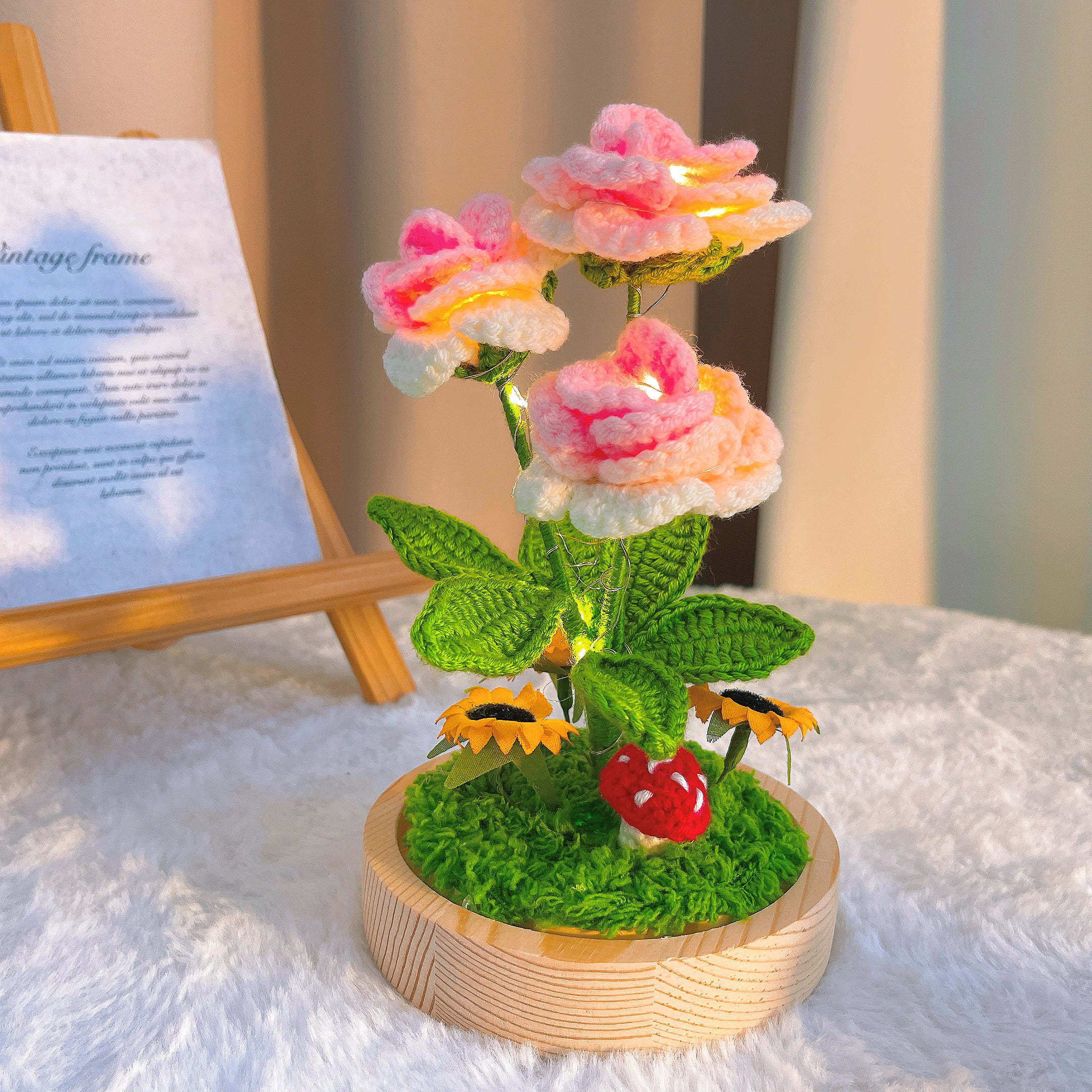 Handmade Crochet Rose Lamp - 3-Piece Customizable Pointed Roses with Wooden Base, Battery-Powered, Optional Glass Dome, Sunflower & Mushroom Accents for Desk/Bedroom Decor