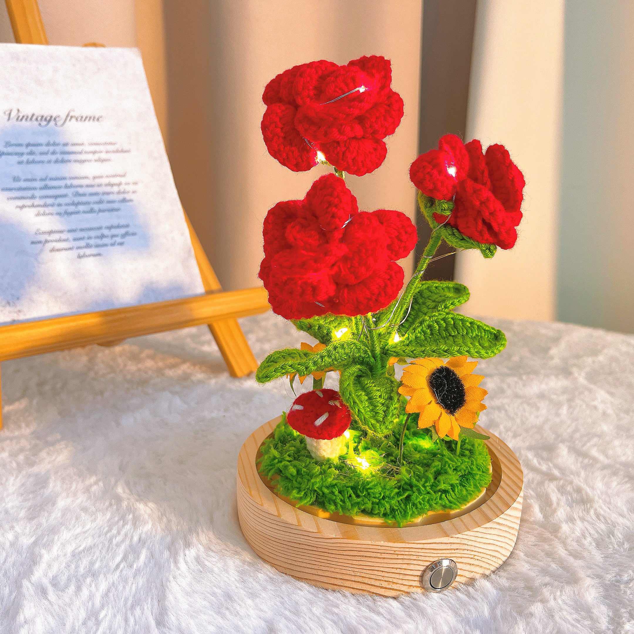 Handmade Crochet Rose Lamp - 3-Piece Customizable Pointed Roses with Wooden Base, Battery-Powered, Optional Glass Dome, Sunflower & Mushroom Accents for Desk/Bedroom Decor