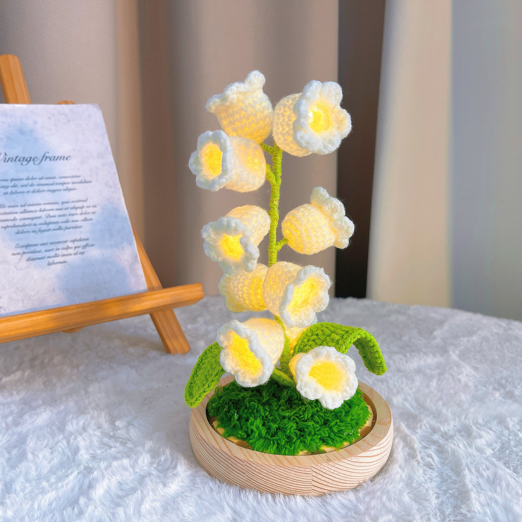 Handmade Crochet Lily of the Valley Lamp - 10-Piece Customizable Floral Light with Wooden Base, Battery-Powered, Optional Glass Dome, Hypoallergenic Desk/Bedroom Decor