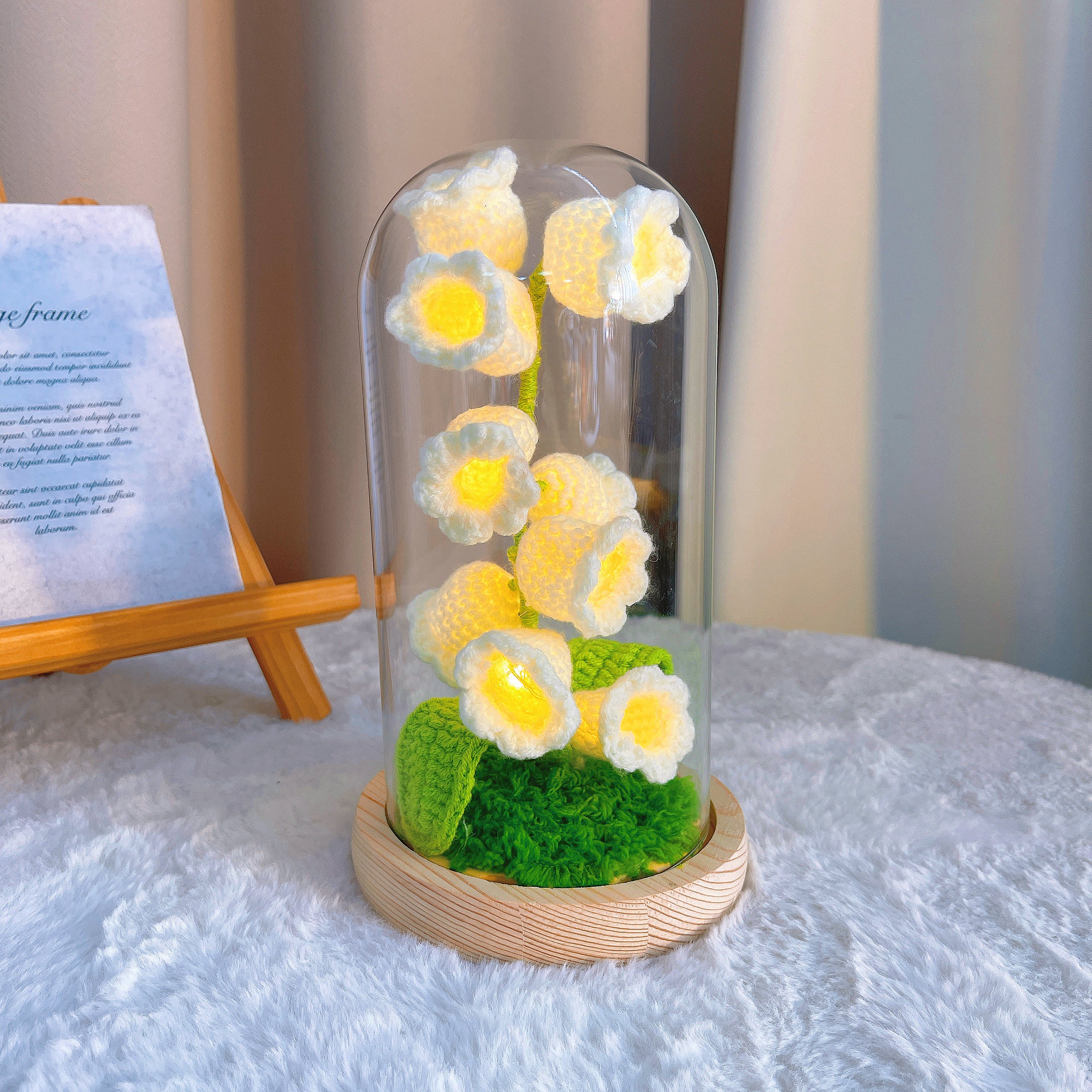 Handmade Crochet Lily of the Valley Lamp - 10-Piece Customizable Floral Light with Wooden Base, Battery-Powered, Optional Glass Dome, Hypoallergenic Desk/Bedroom Decor