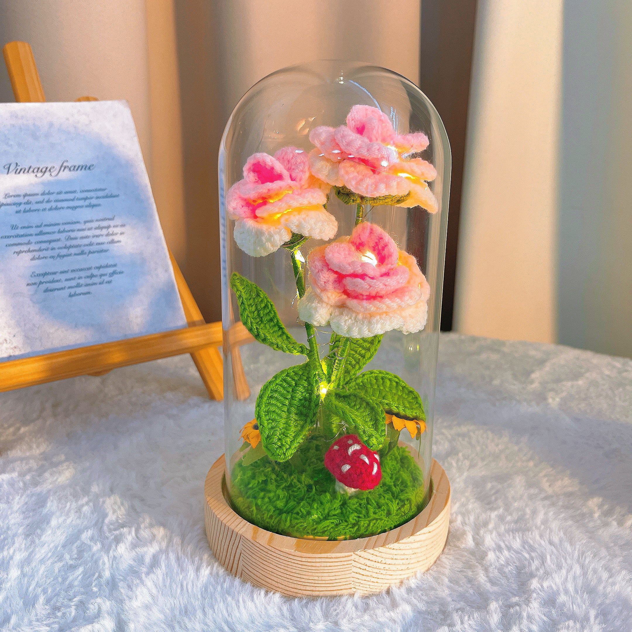 Handmade Crochet Rose Lamp - 3-Piece Customizable Pointed Roses with Wooden Base, Battery-Powered, Optional Glass Dome, Sunflower & Mushroom Accents for Desk/Bedroom Decor