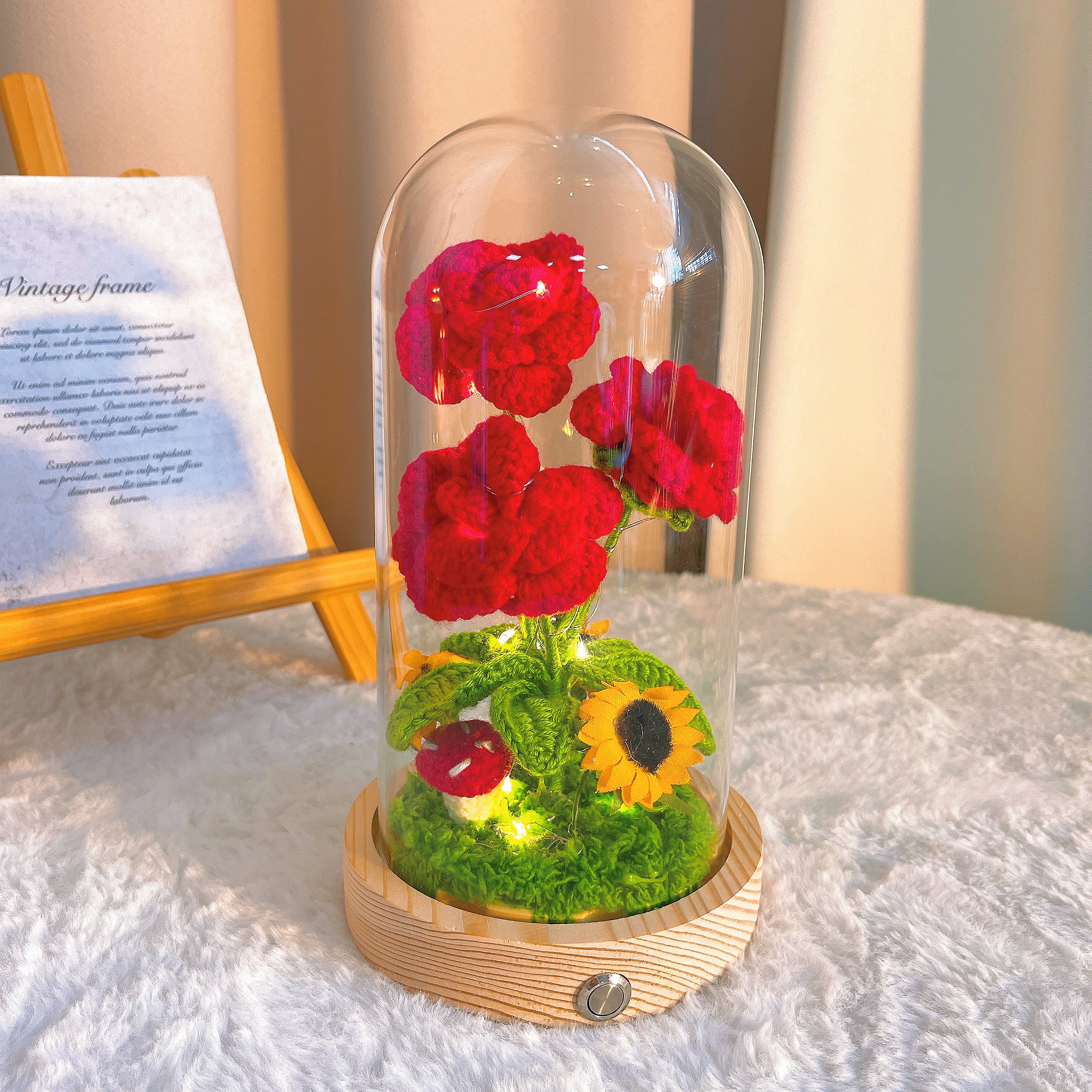 Handmade Crochet Rose Lamp - 3-Piece Customizable Pointed Roses with Wooden Base, Battery-Powered, Optional Glass Dome, Sunflower & Mushroom Accents for Desk/Bedroom Decor