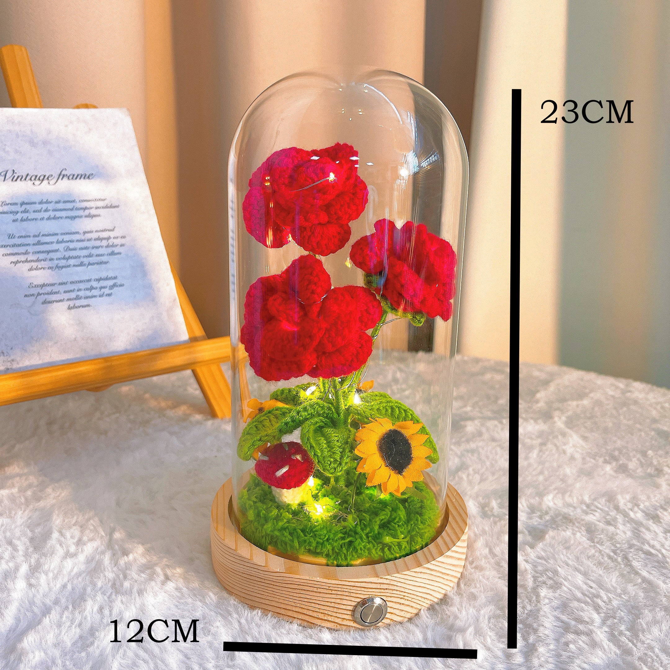 Handmade Crochet Rose Lamp - 3-Piece Customizable Pointed Roses with Wooden Base, Battery-Powered, Optional Glass Dome, Sunflower & Mushroom Accents for Desk/Bedroom Decor